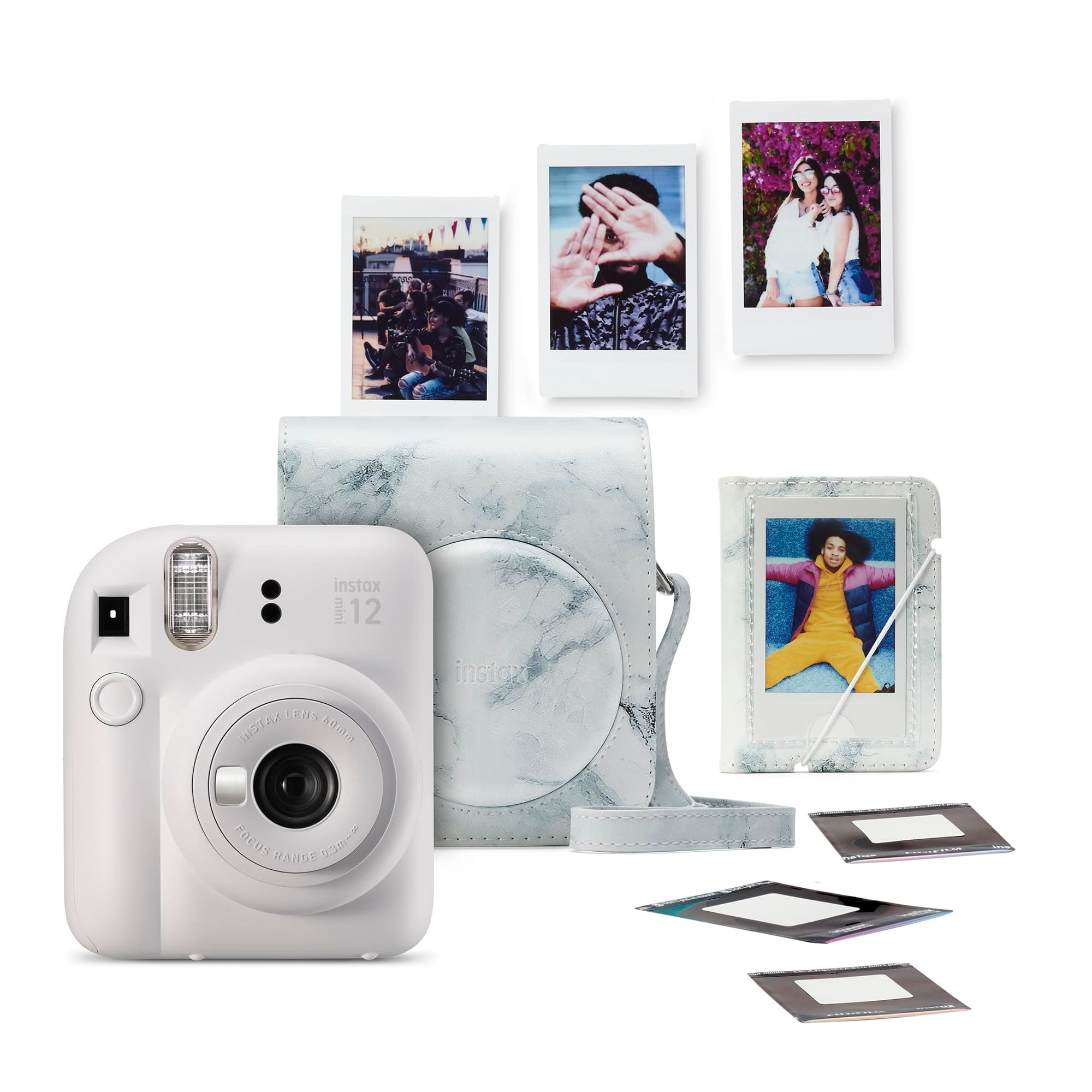 instax mini 12 instant camera bundle,pack contains; Camera, Ready-to-take camera case, mini photo albu in white marble finish, 1 x 10 shot mini white border instant film, photo stickers