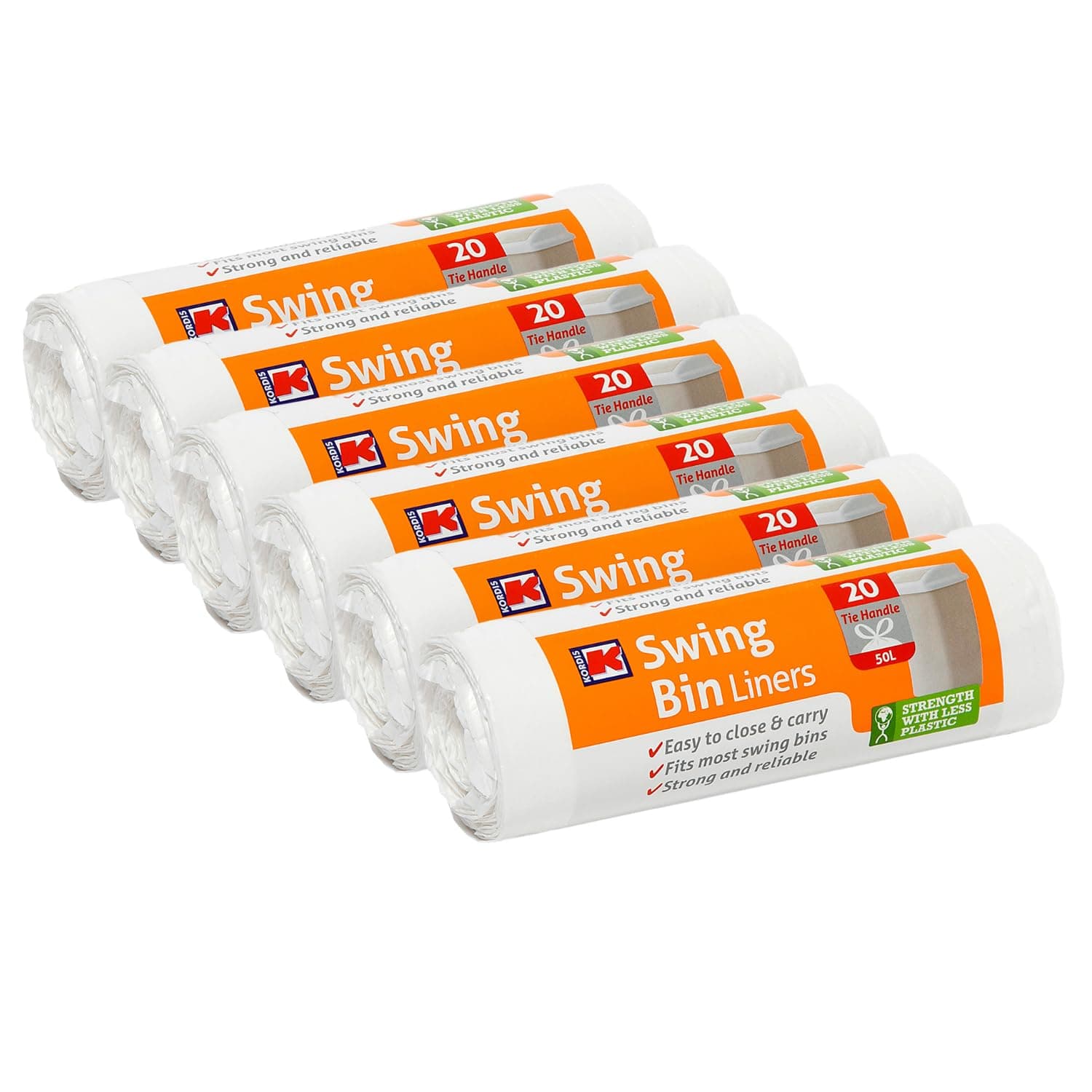 Kordis Strong Tie Handle Swing Bin Bag Liners - 6 Rolls x 20 Bags. 50L White Plastic Bin Bags For Kitchen Bins & Large Indoor Trash Bin. 120 Heavy Duty, Unscented Garbage Bags - 60 x 90cm