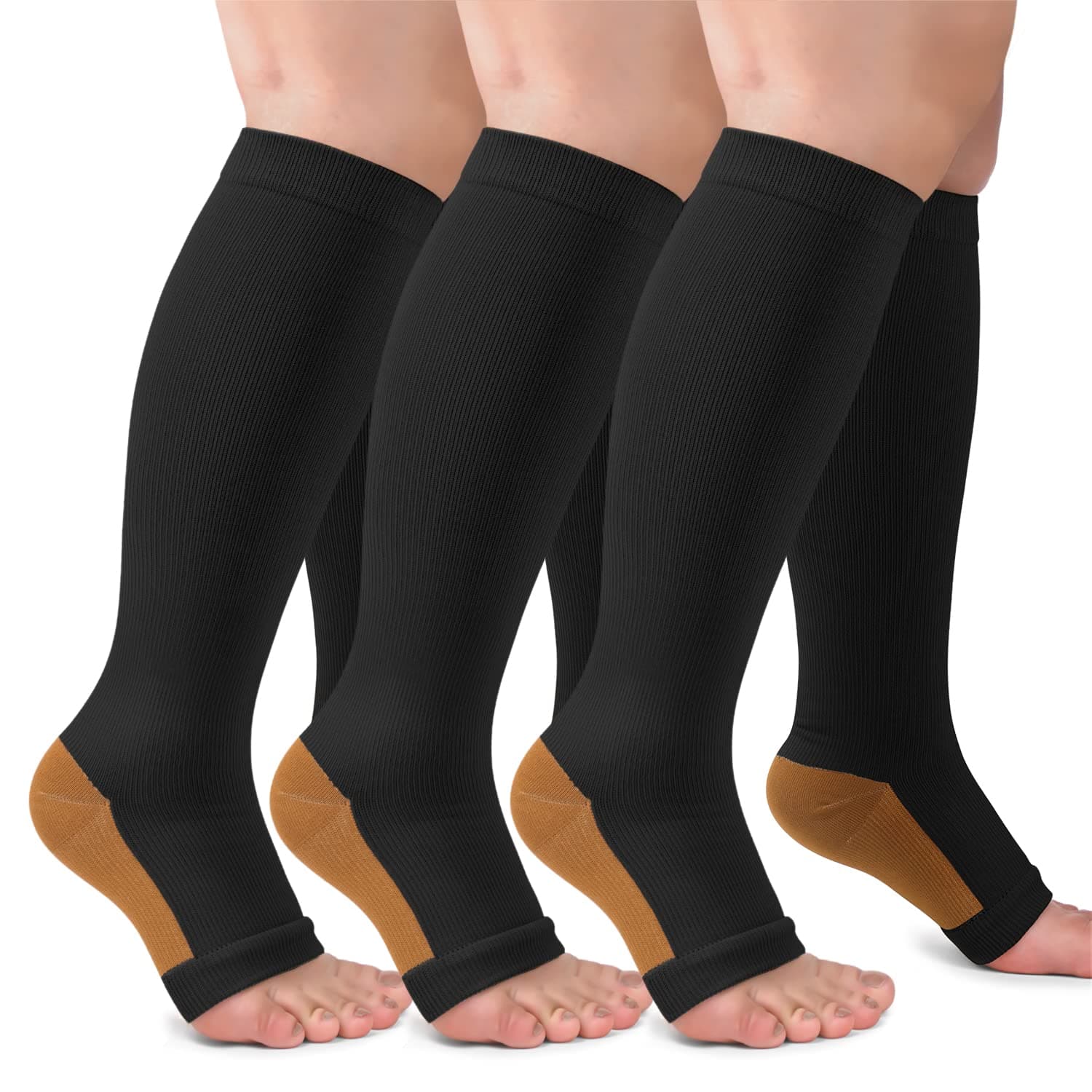 3 Pack Copper Compression Socks for Women & Men, 20-30mmHg Open Toe Knee High Stockings for Circulation Support