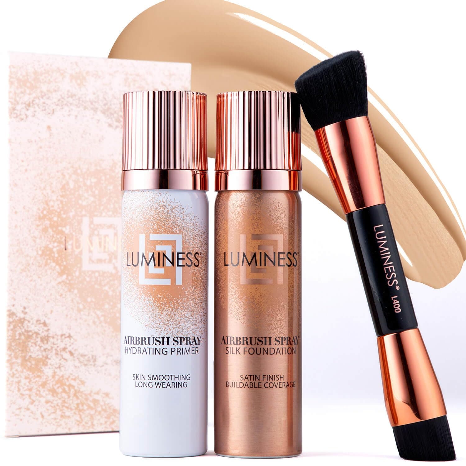 LUMINESS Silk Airbrush Spray Foundation Makeup Starter Kit - Full Coverage Foundation, Primer & Dual-Sided Buffing Brush - Buildable Coverage, Anti-Aging Formula Hydrates & Moisturizes (Shade - Fair)