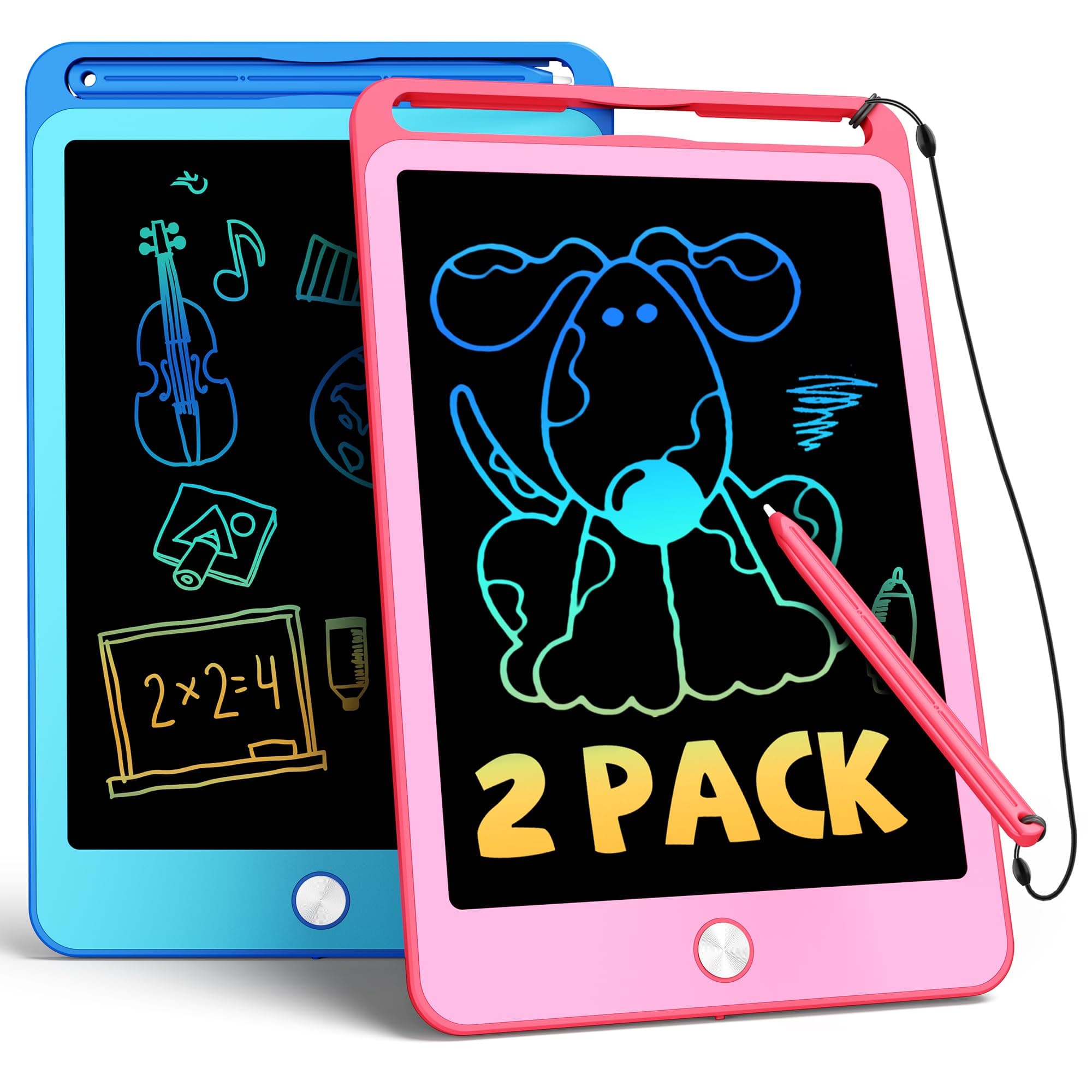 TEKFUN 2 Pack LCD Writing Tablet for Kids, 10 Inch Doodle Board Drawing Reusable with Lanyard, Educational Kids Toddler Toys Birthday Gift Boys Girls 3 4 5 6 Years Old, Blue Pink