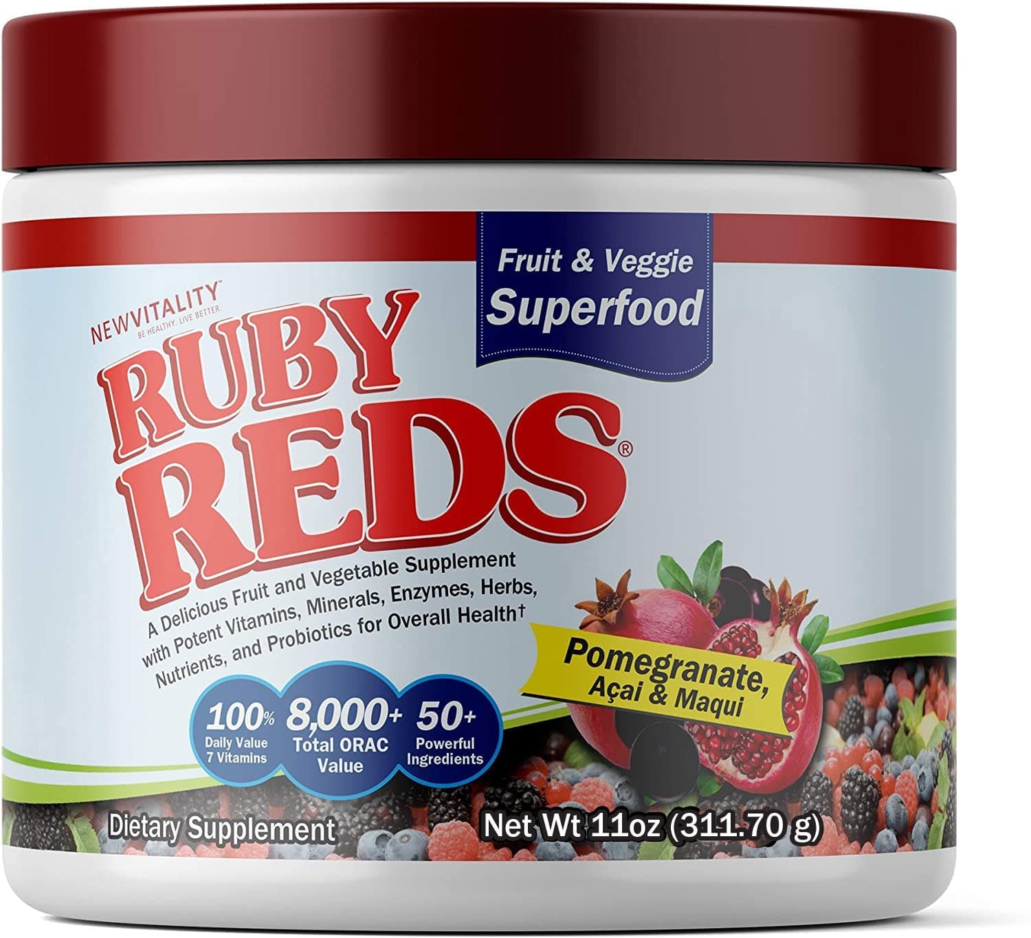New Vitality Ruby Reds | Delicious Reds Powder Fruit & Vegetable Supplement with Potent Vitamins, Minerals, Enzymes, Herbs, Nutrients and Probiotics for Overall Health 11 oz. (30 Servings)