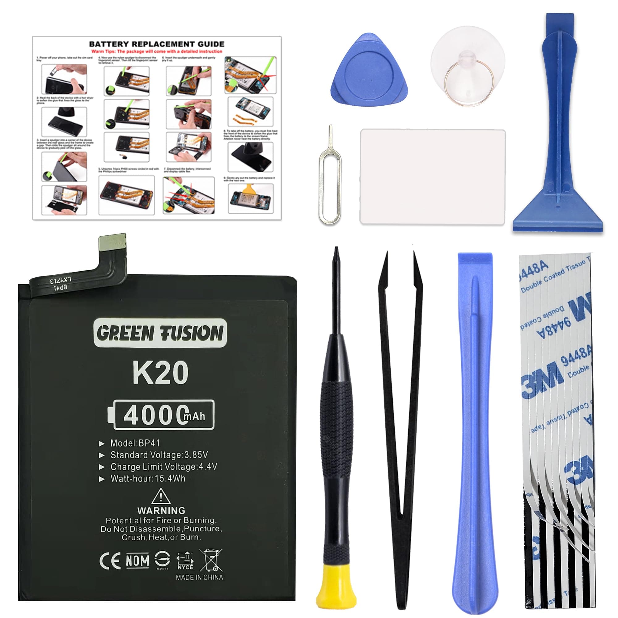 GREEN FUSION Only for Mi 9T Replacement Battery, BP41 Battery for Redmi K20 and Xiaomi Mi 9T, 4000mAh, with Installation Instruction & Repair Toolkit