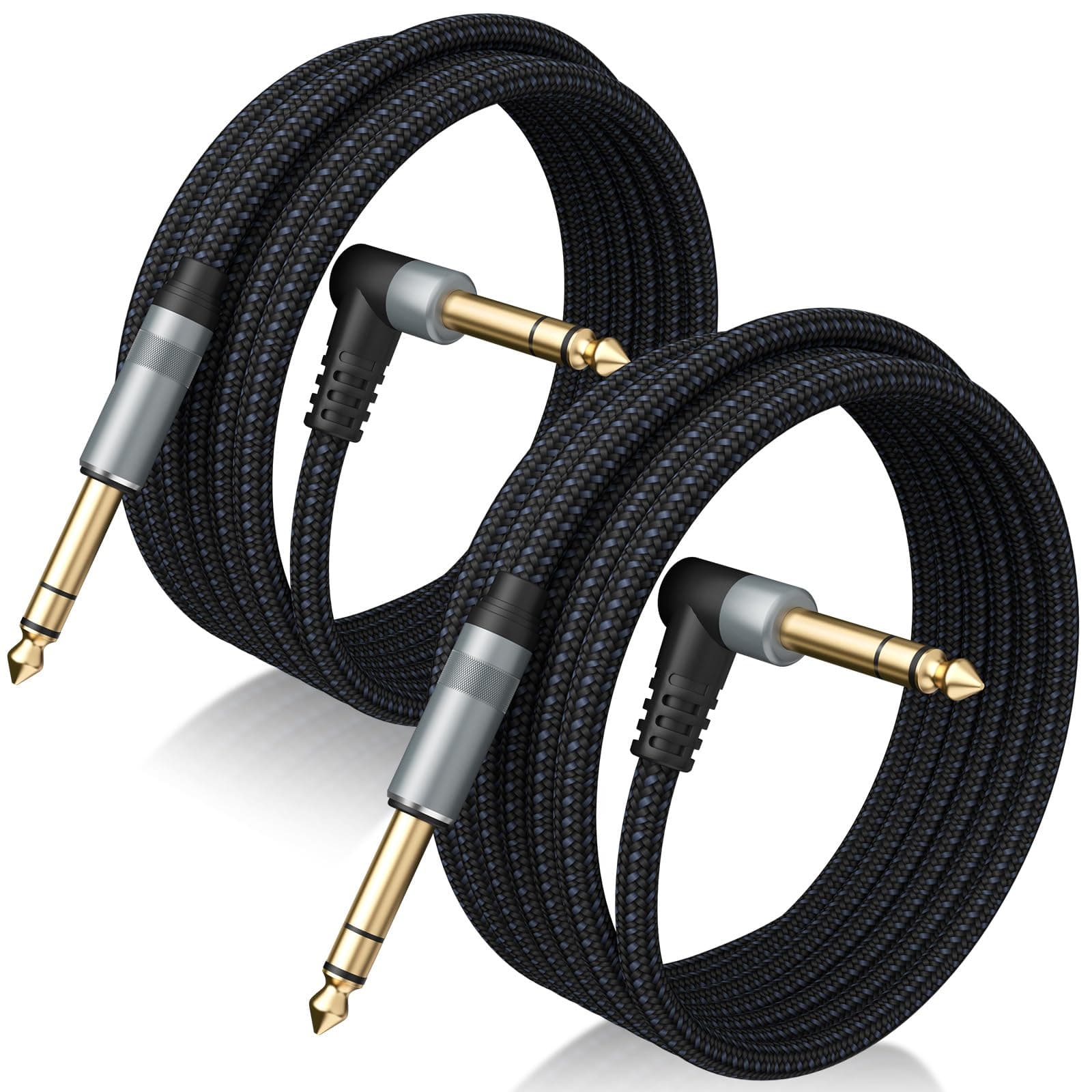 2 Pack Premium 10FT TRS Cable, 1/4 Inch Noise Free Stereo Audio Cable, Balanced Interconnect Line for Studio Monitor, Mixer, Headphones, Amplifier, Synths, Keyboards, Guitars (Right Angle)