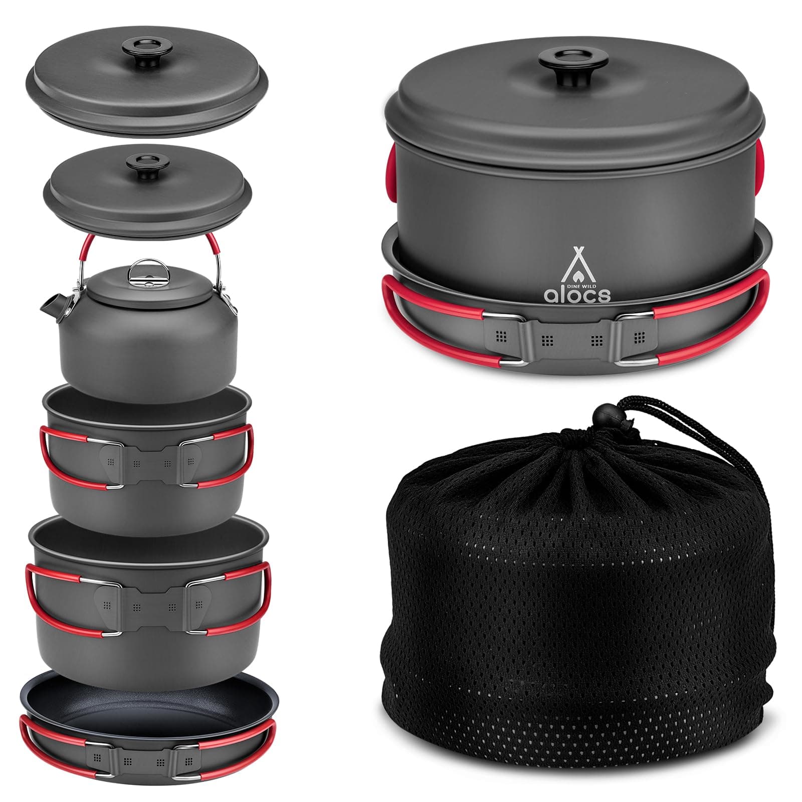 Camping Cookware Set Camping Gear, Compact Camping Pots and Pans Set, Durable Hard Alumina Camping Cooking Set for Outdoor Backpacking Camping Hiking Picnic, Included Mesh Carry Bag