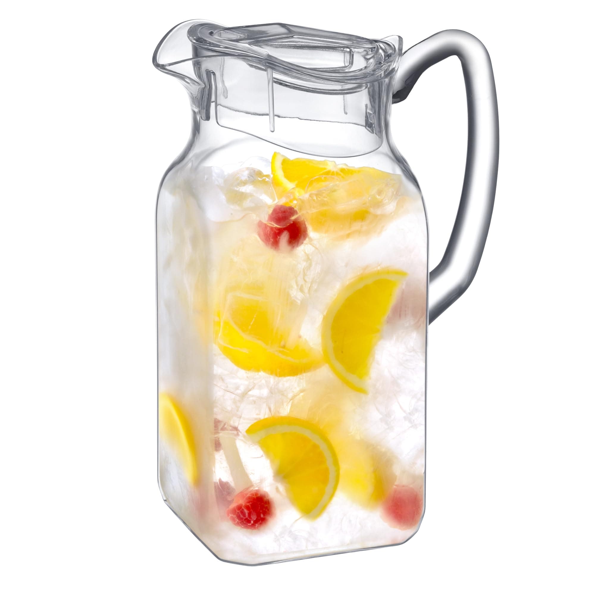 - Quadly - Plastic Pitcher (64 oz, 2 Quart), Clear Water Pitcher with Lid, Fridge Jug, BPA-Free, Shatter-Proof, Great for Iced Tea, Sangria, Lemonade, Juice, Milk, and More