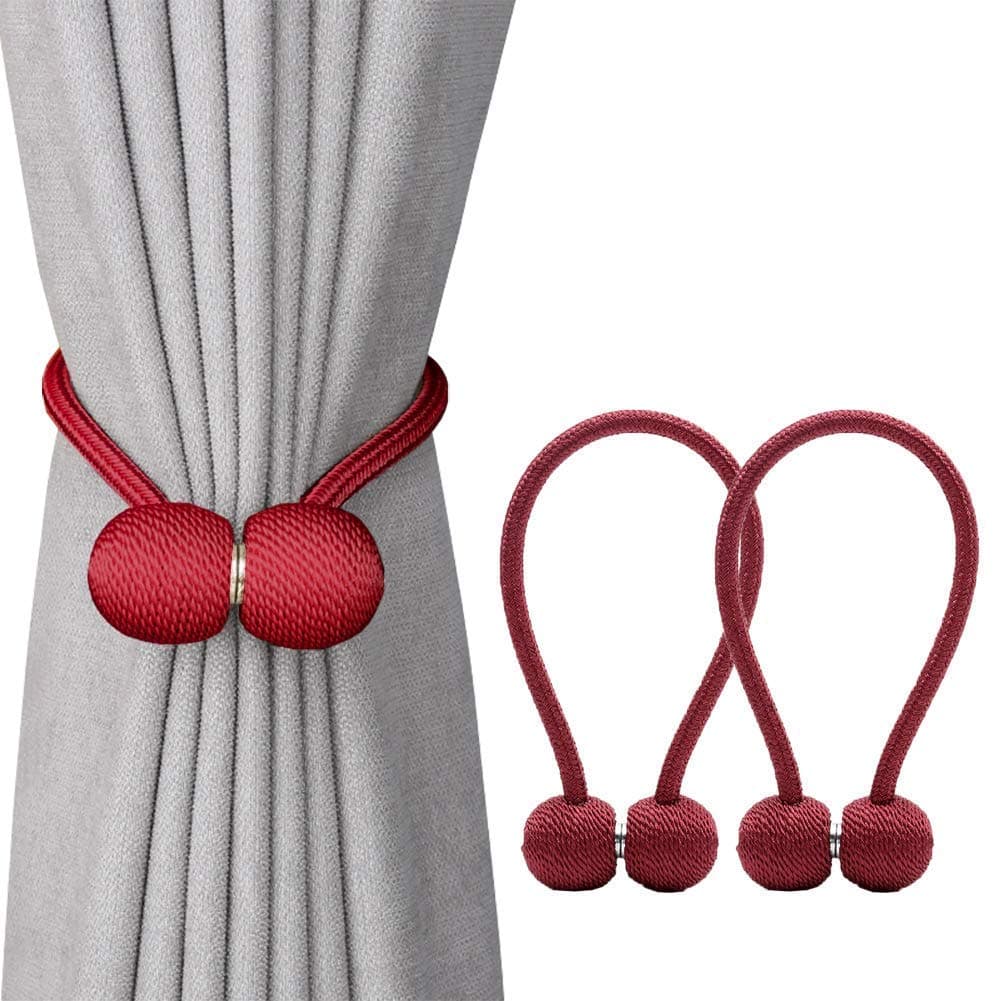 Magnetic Curtain Tiebacks - 2 Pack Drapes Holdbacks - Clips Holders for Office and Home Small, Thin or Sheer Windows Draperies - Strong Magnets and Thin Fiber Rope (Red, 12 Inch Long)