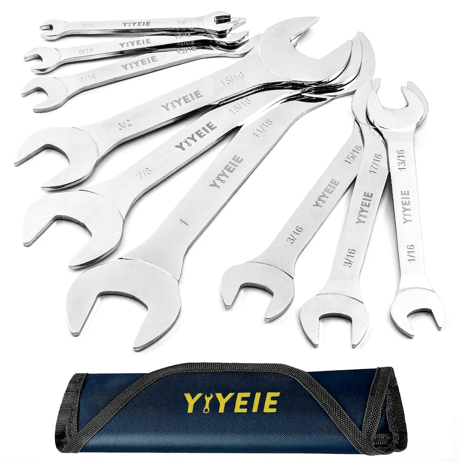 YIYEIE Super-Thin Open End Wrench Set, 9-Piece SAE, 1/4" to 1-1/16", Chrome Vanadium Steel With Mirror Polish, Ultra-Slim Wrench Set with Rolling Pouch