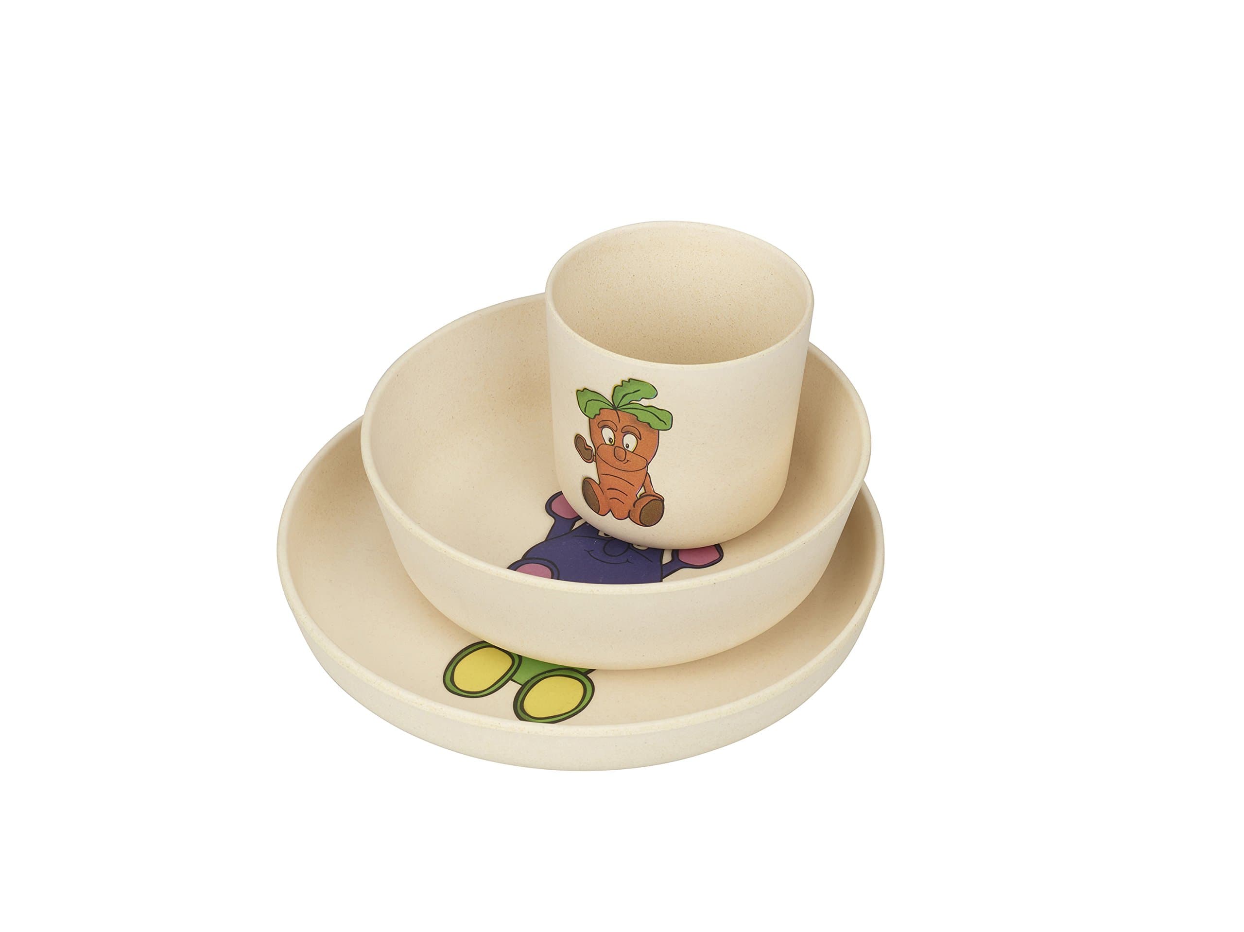 Goodness Gang - Bamboo Dinnerware - 3 Piece Kid's Dining Set with Vegetable Design - 1x Bowl 1x Plate 1x Cup