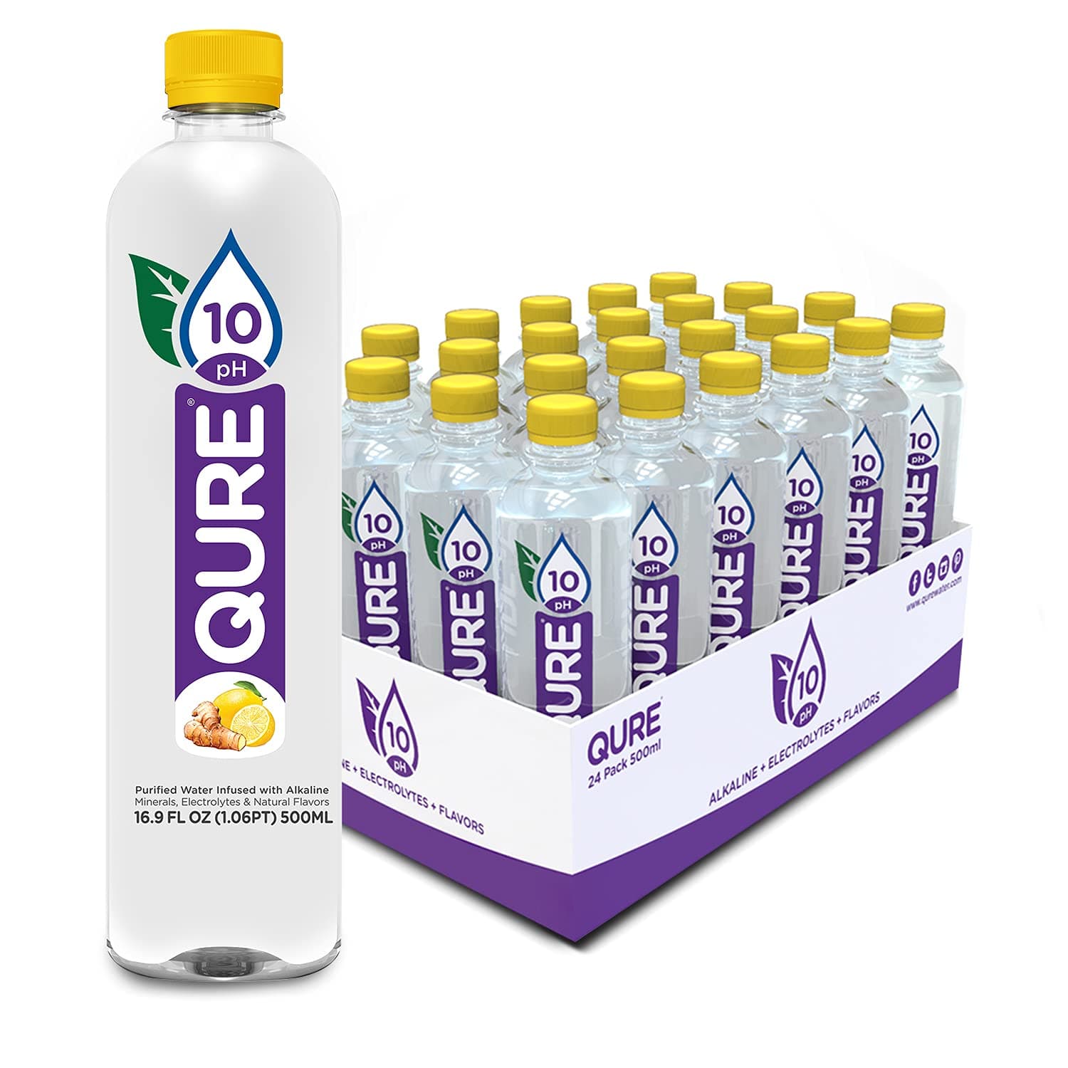 Qure Alkaline Water, Lemon Ginger, 24 Count