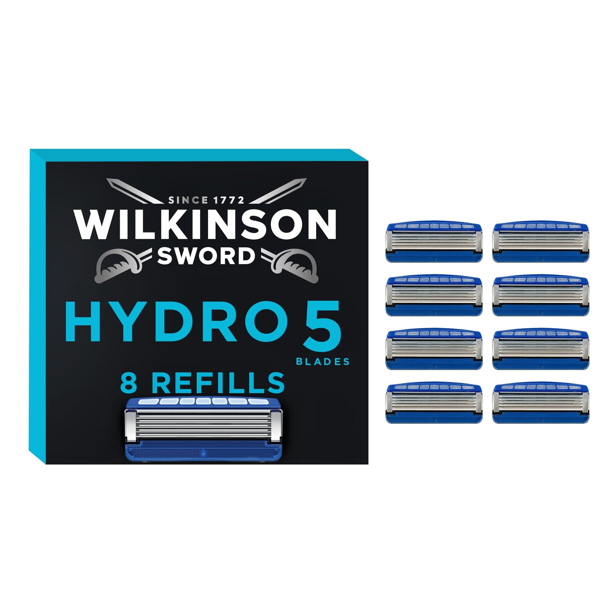 Wilkinson Sword Hydro 5 Men’s Razor Refills, Great Addition to Wash Bags for Men's Grooming, Great Shavers for Routine Shaving and Holidays, 8 Refill Razor Blades Pack