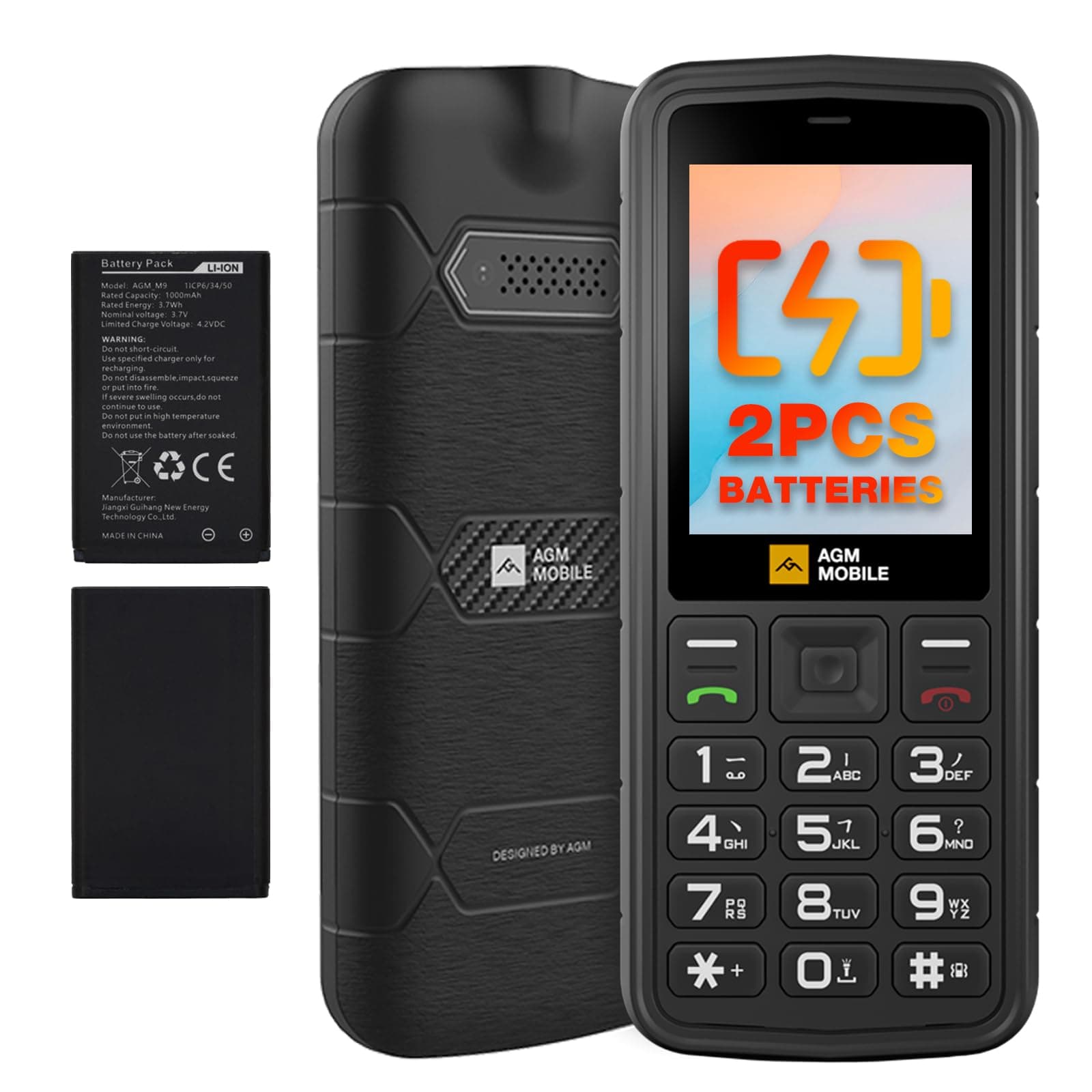 AGM M9 4G Rugged Mobile Phone, Basic Feature Cellphone, Large Button, IP68/IP69K Waterproof, Drop-Proof, Large Fonts, Fast Dialling, 3 Card Slots, FM Radio, Torch, 2 X 1000mAh Battery