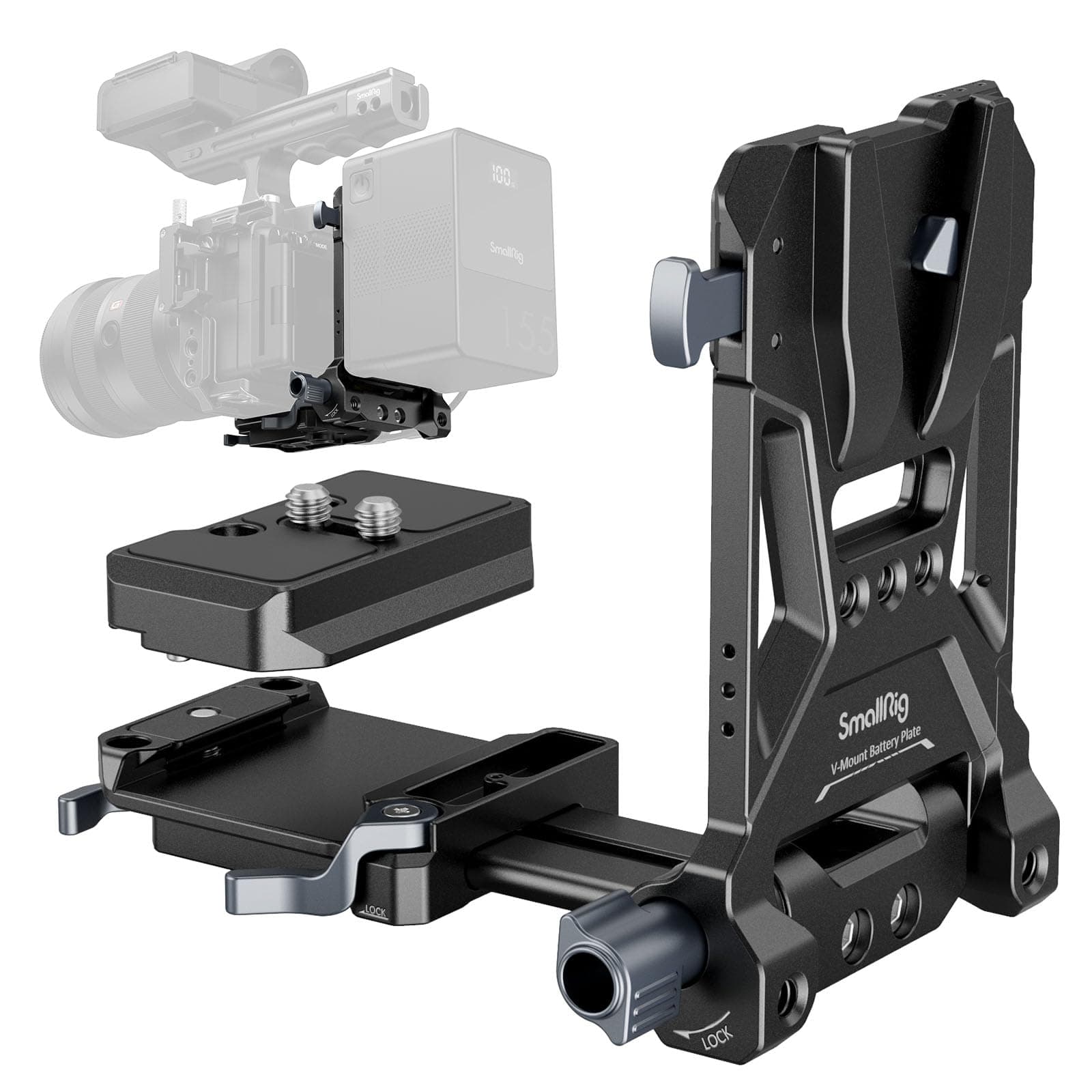 SMALLRIG V-Mount Battery Plate V-Lock Battery Mount Plate with Quick Release Plate for Arca-Swiss 1/4"-20 Thread Right Angle Compact V-Mount Battery Plate for DSLR Camera Gimbal Tripod - 4064
