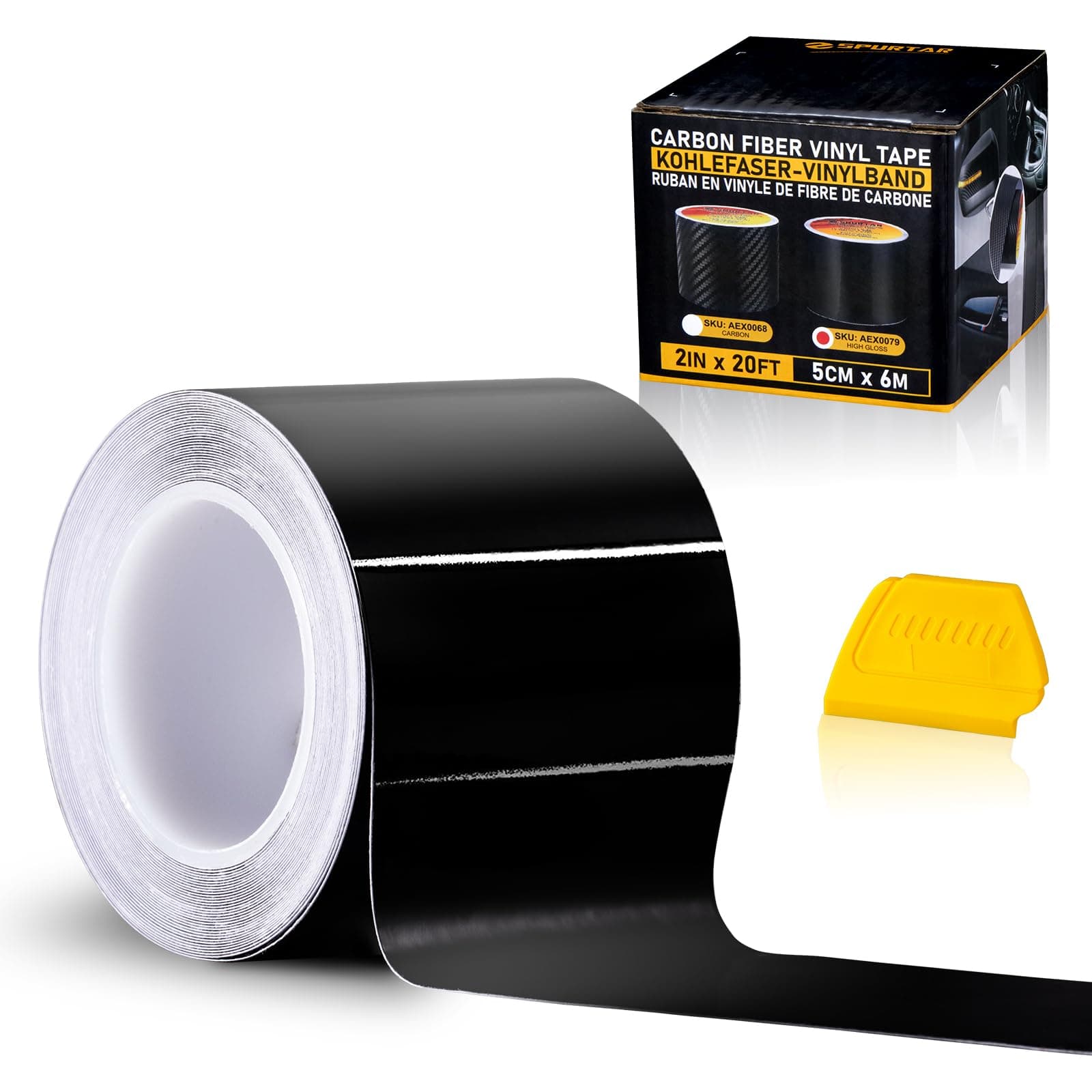 Spurtar Gloss Black Vinyl Wrap Tape with Tool- 5CM x 6M Adhesive Car Wrapping Paper Anti-Scratch Car Door Sill Protector Vehicle Sill Protectors Strips (High Gloss,2inchx20 Ft)