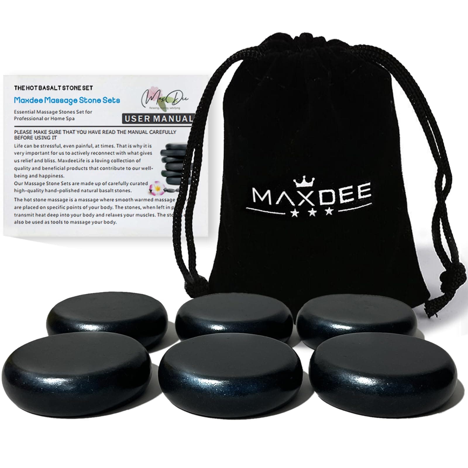 Maxdee Medium Massage Stones - Smooth Massage Lava Natural Stone Set Basalt Hot Spa Rocks Stones, 2 In X 2.4 In Set Of 6