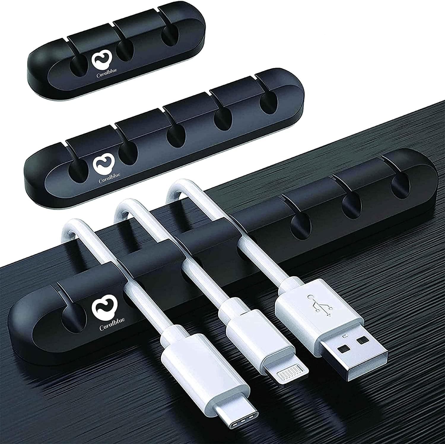 Coralblue - 3 Pieces Cable Management Clips for Power Cord USB Cable TV Cable PC Home and Office Desktop Cable (3 5 or 7 Black Cables)(New Model)