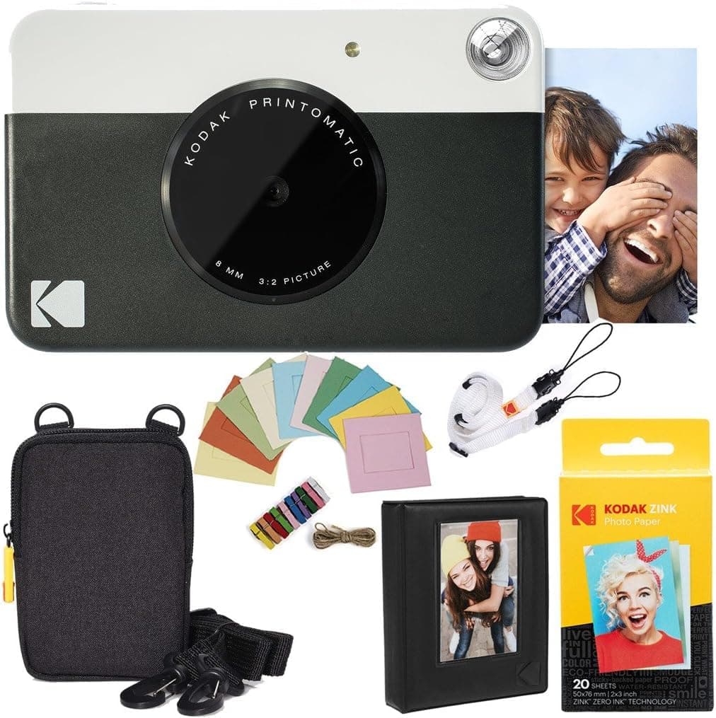 Kodak Printomatic Instant Camera Bundle (Black) Zink Paper (20 Sheets) - Case - Photo Album - Hanging Frames.