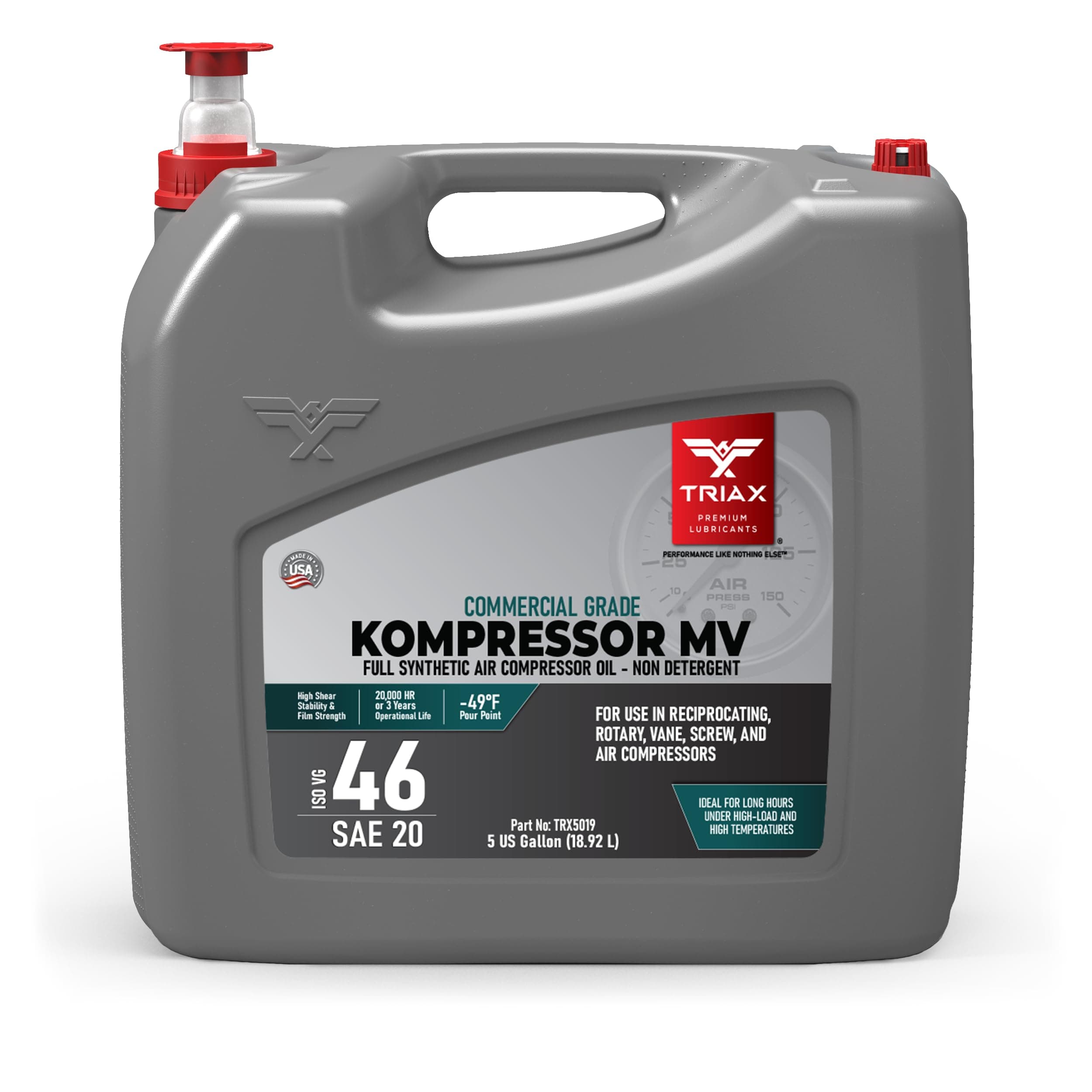 TRIAX Kompressor ISO 46 SAE 20, Full Synthetic, Multi-Vis Air Compressor Oil | for Rotary, Vane, Screw, and Reciprocal | Commercial Grade | High Temp | Non-Detergent (5 Gallon)