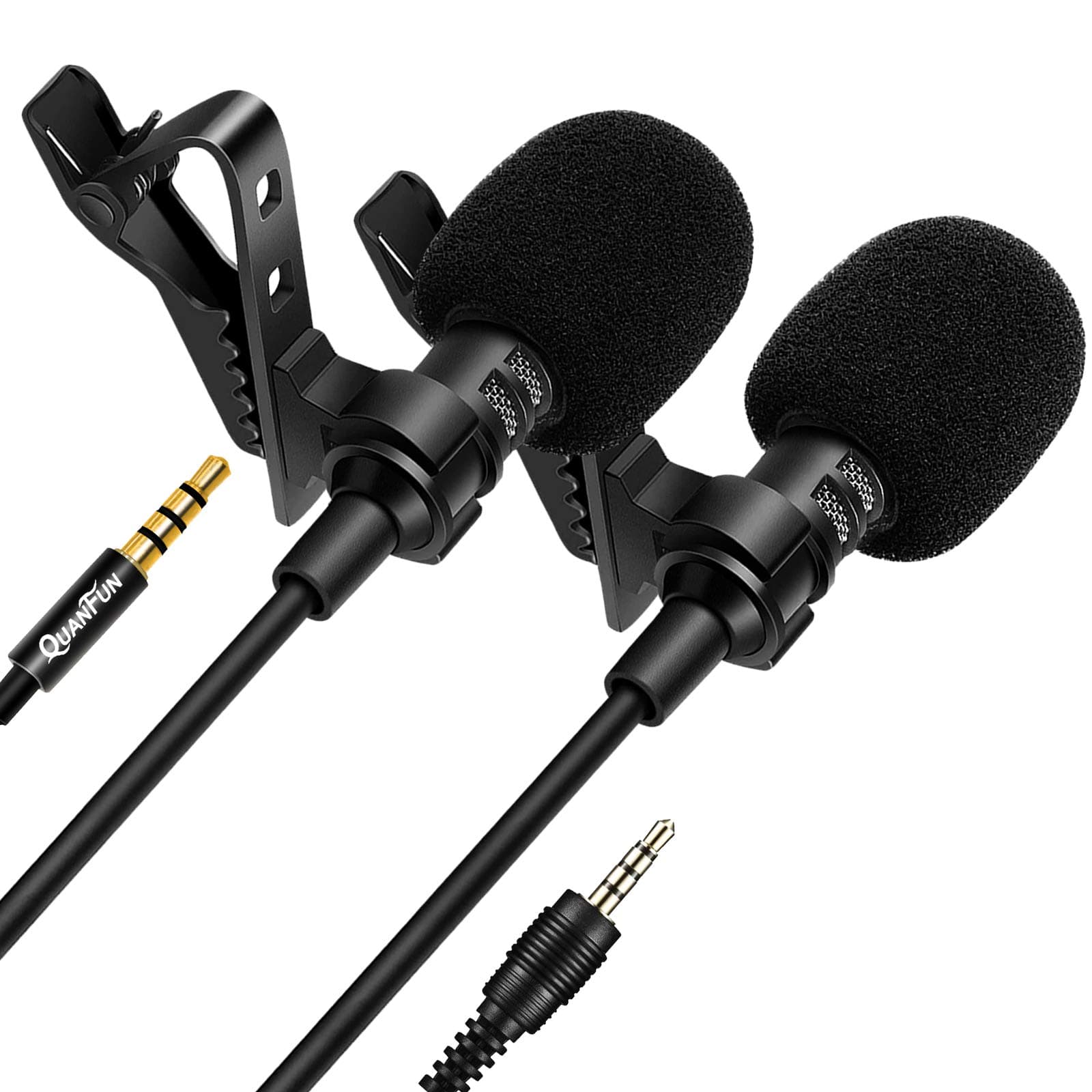 Lavalier Microphone, QUANFUN Professional Omnidirectional Lapel Mic Mini Microphone for Recording Youtube/iPhone/Android/Laptop/DSLR/PC; Work from home - 2 Pack Bundle (5ft)