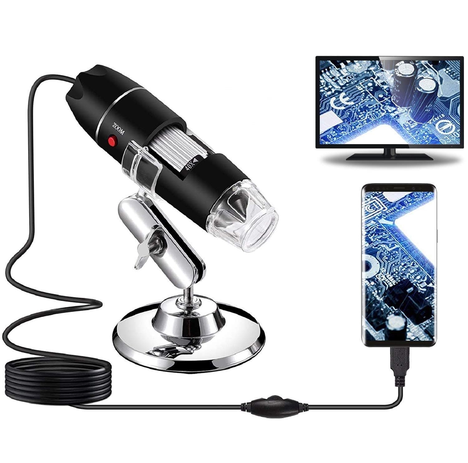 CENXI USB Digital Microscope 40X to 1000X, 8 LED Magnification Endoscope Camera with Carrying Case & Metal Stand, Compatible for Android Windows 7 8 10 11 Linux Mac