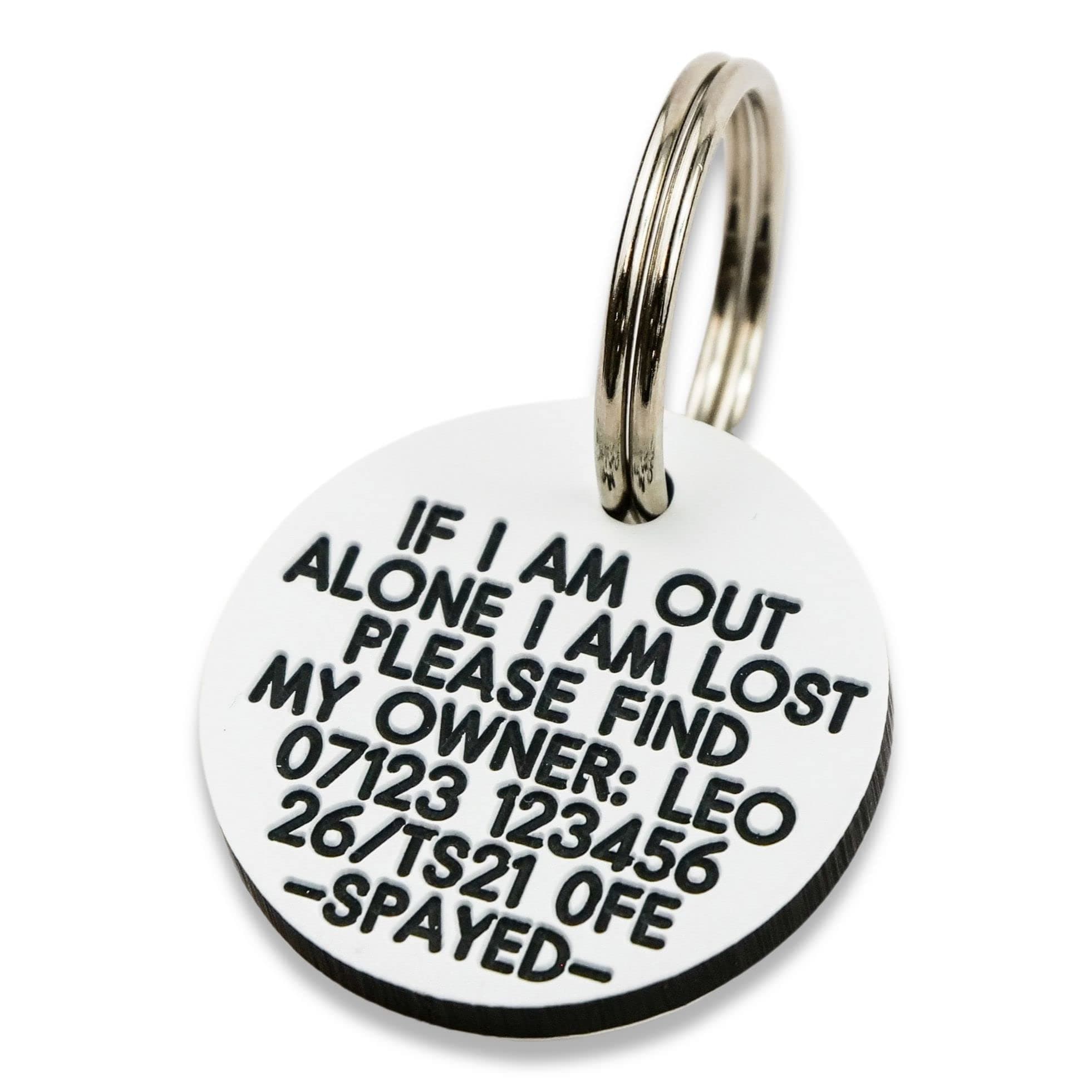 Engraved Dog tag, Deeply Engraved, White Plastic 27mm Circular Dog tag