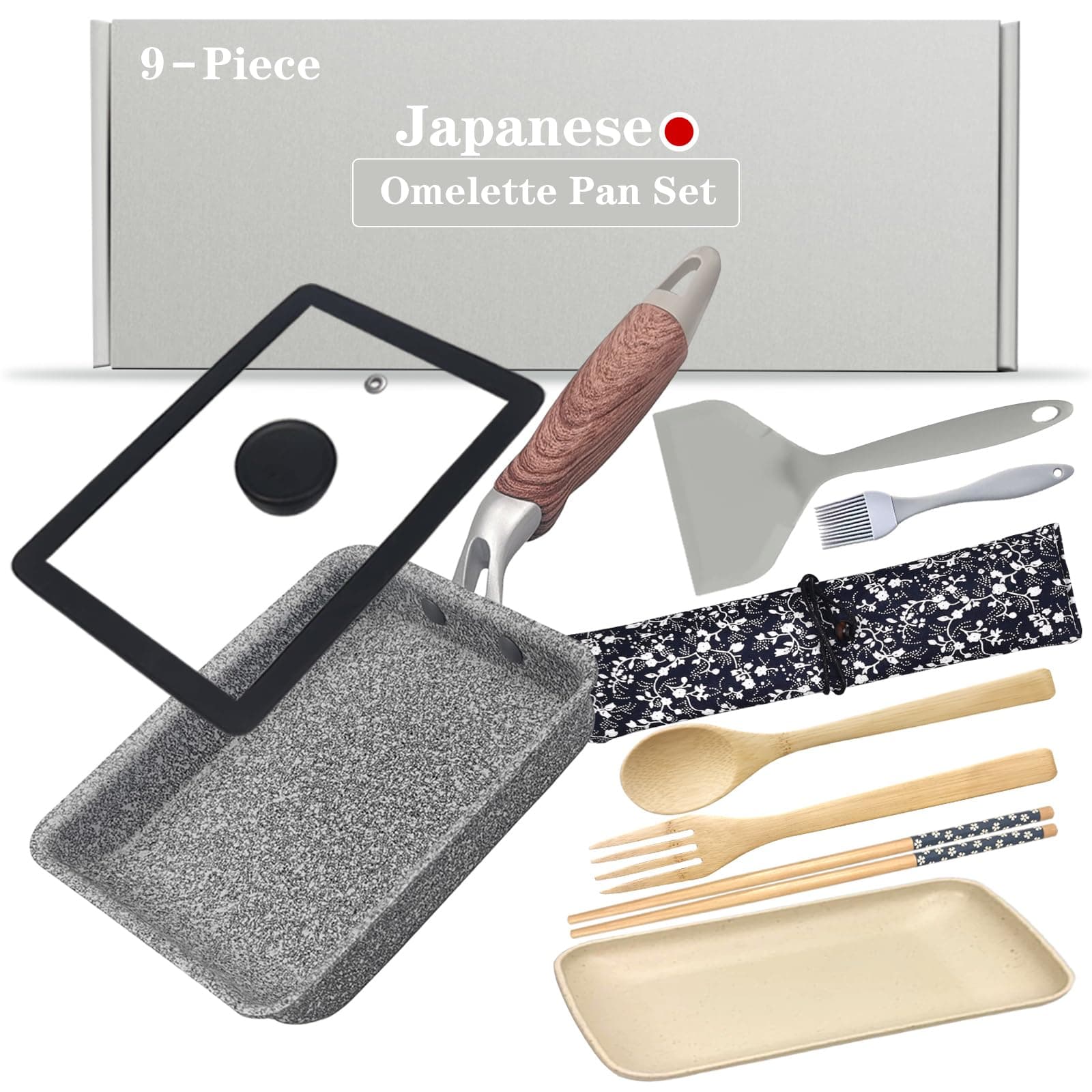 9 Pcs Japanese Omelette Pan Set, Nonstick Square & Rectangle Tamago Pan, 7" x 5", Grey