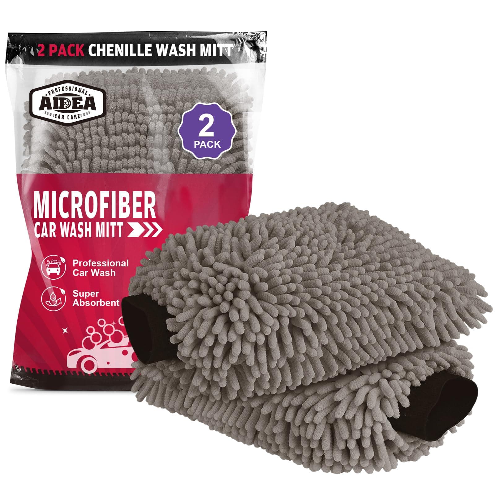 AIDEA Car Wash Mitt Microfiber-2Pack, Scratch & Lint Free, Premium Chenille Microfiber Wash Mitt-Grey Regular Size (7.12''X10.14'')