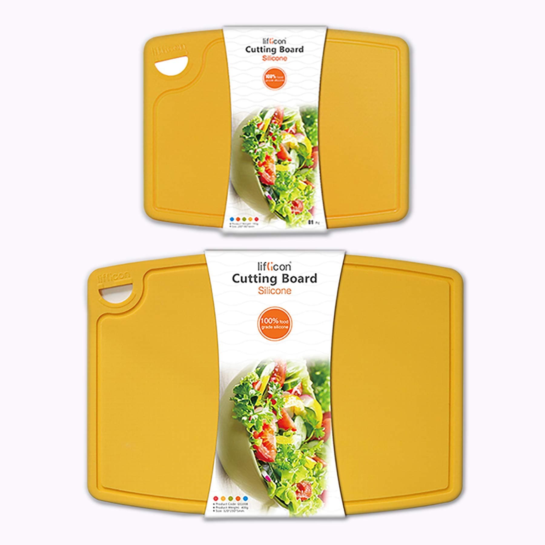 Liflicon Thick Cutting Boards for Kitchen Silicone Chopping Board Set of 2 Mid 12.6'' x 9.1”,Mini 9.1”x7.1” Non-slip Deep Drip Juice Groove Easy Grip Handle,Dishwasher Safe-Yellow