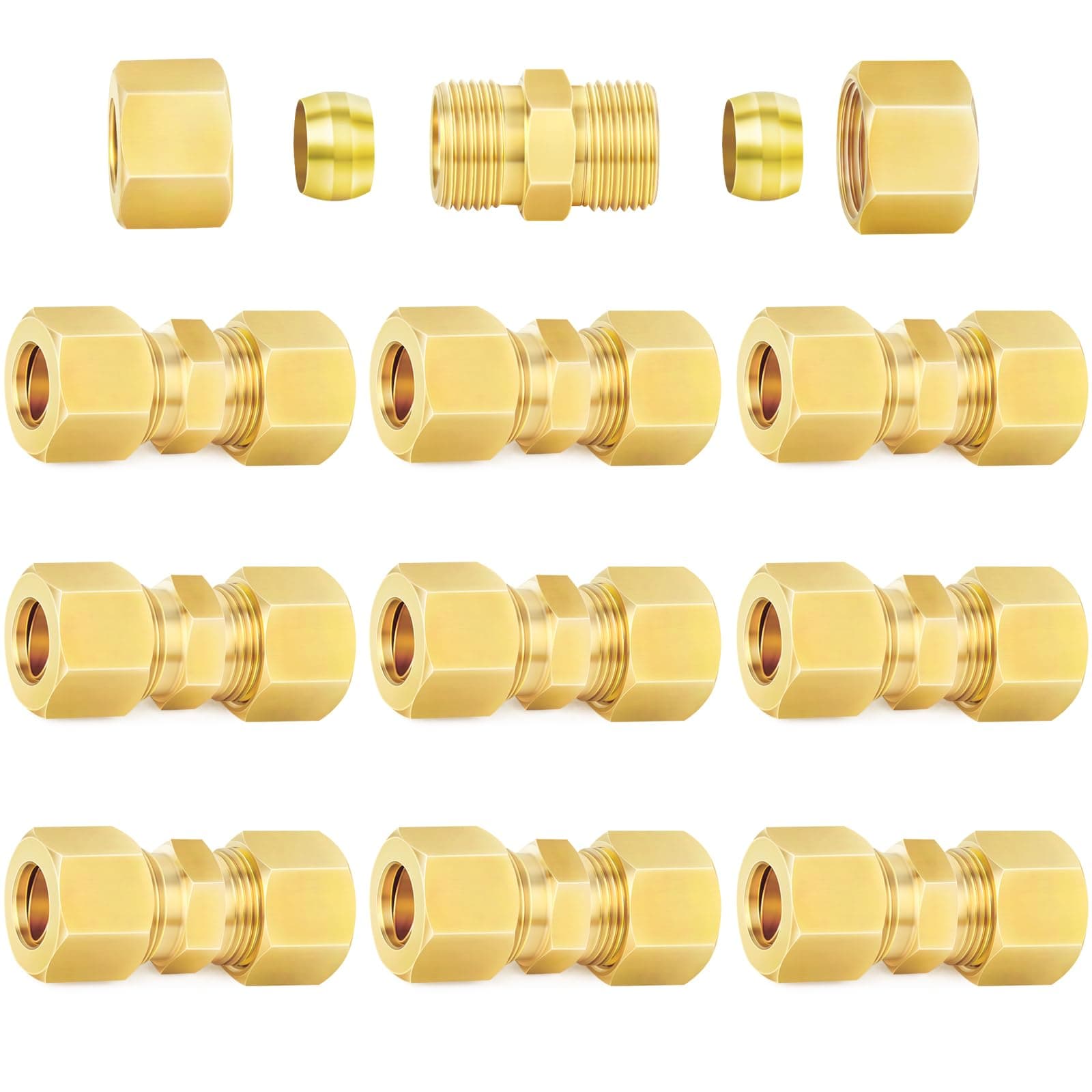 Brass Compression Tube Fitting, 1/4" OD x 1/4" OD Compression Union Connector(10-PACK)