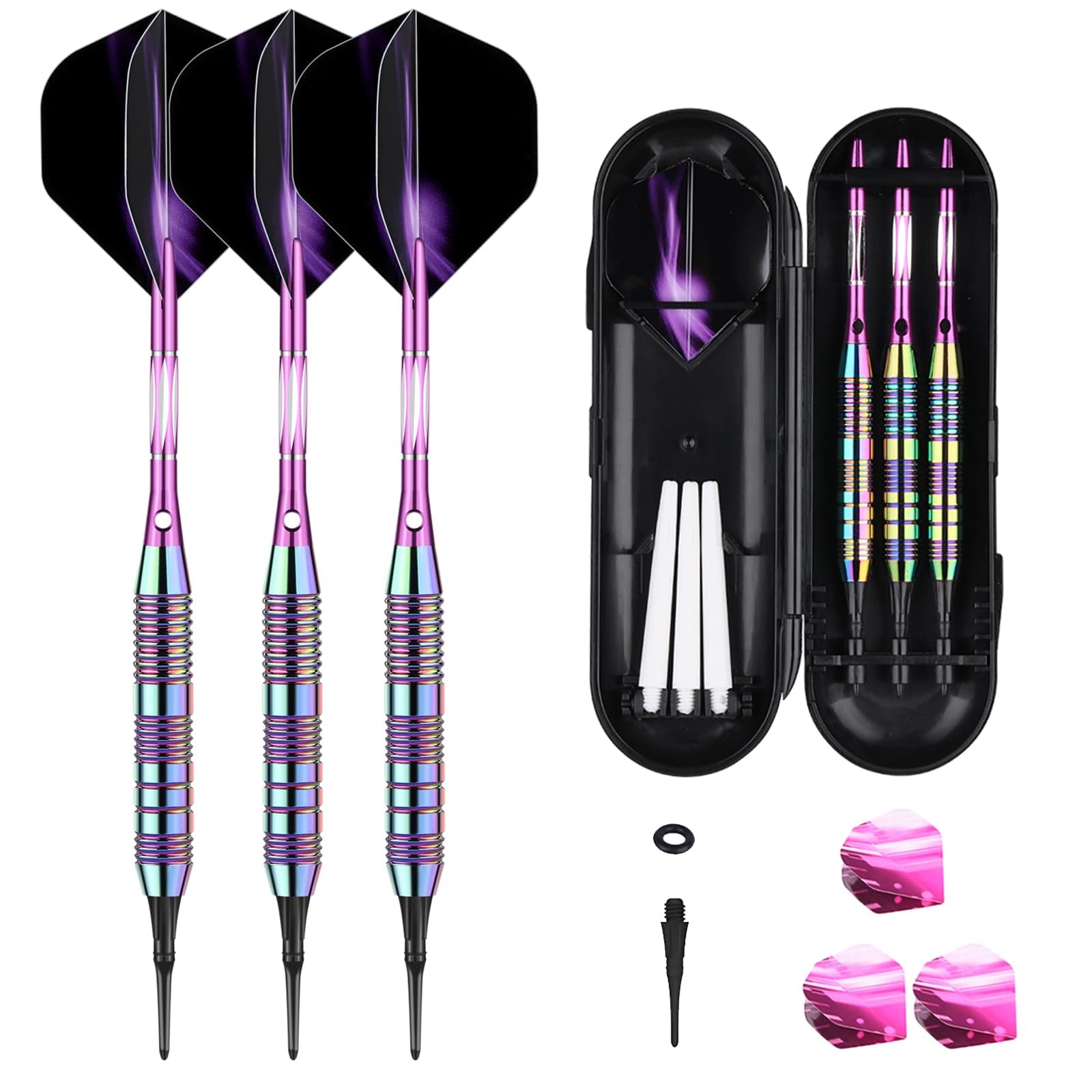 Darts Plastic Tip Set - 18g 21g Colorful Rainbow Soft Tip Darts 50 Anti-Loose O-Rings 6 Shaft (Aluminum/Nylon 45mm) 6 Durable Flights Extra 50 Soft Tips Electronic Dartboard