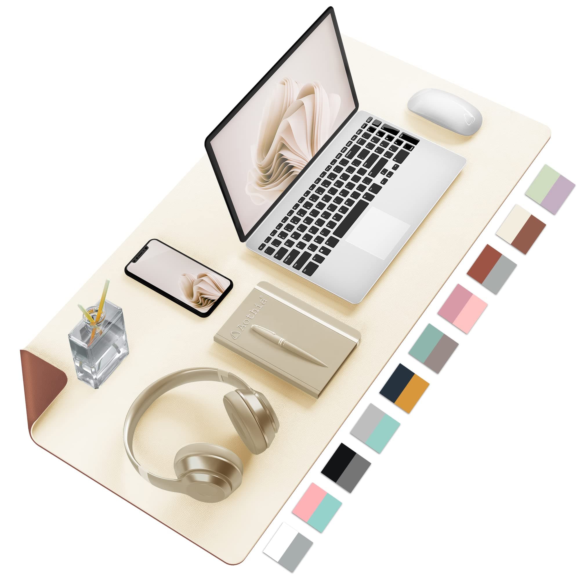 Aothia Double-Sided PU Leather Desk Pad - Non-Slip Large Mouse Pad & Desk Mat for Office, Home - Waterproof, Easy to Clean, Durable Dual-Sided Surface (23.6"x13.7", Beige)