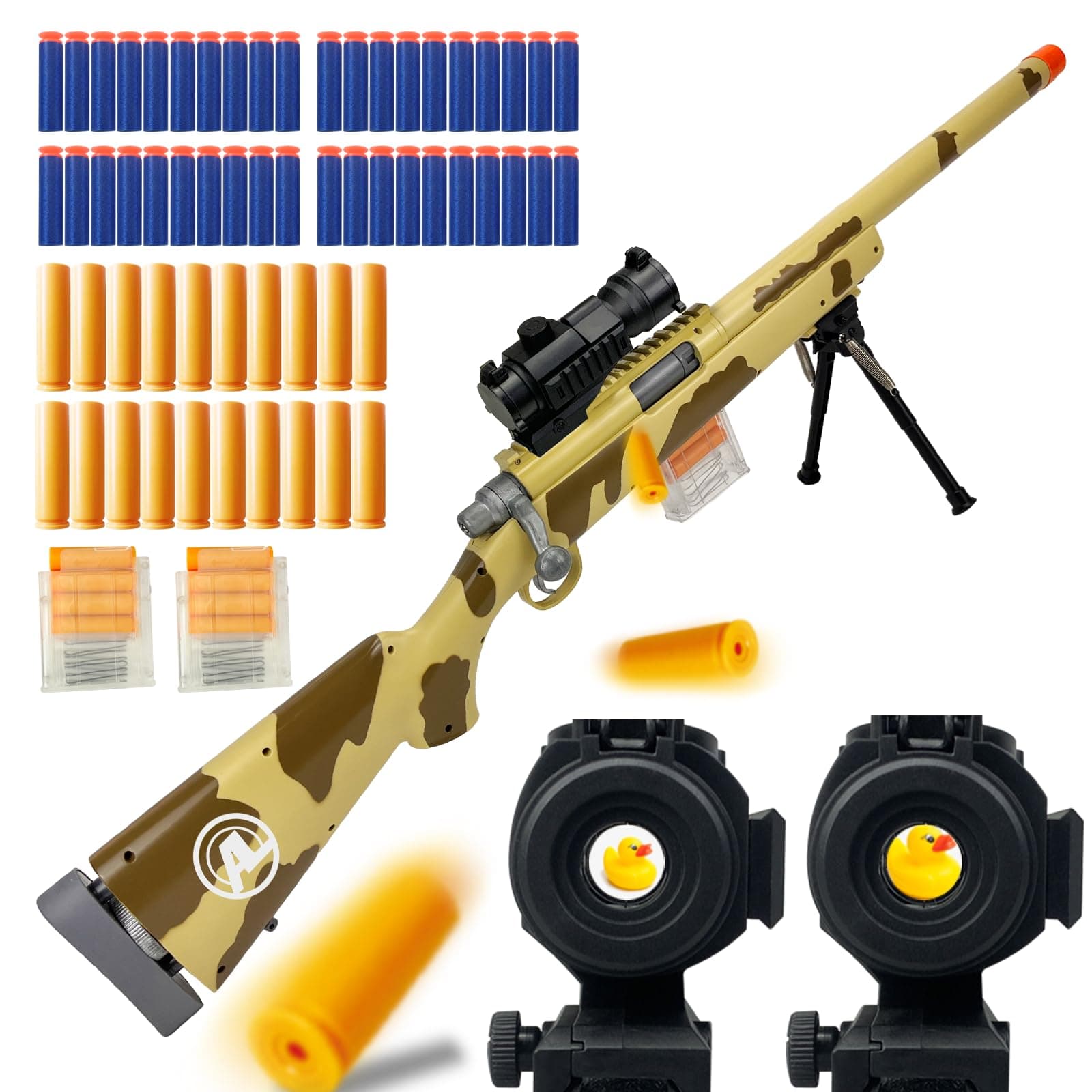 AGM MASTECH M24 Foam Blaster, Shell Ejecting, Safety Switch, Adjustable Stock 41.8 Inch, Scope, 40 Darts, 20 Casings, 2 Mags, Tactical Game Gear for Teens 14+ years Adults(Camouflage Yellow)