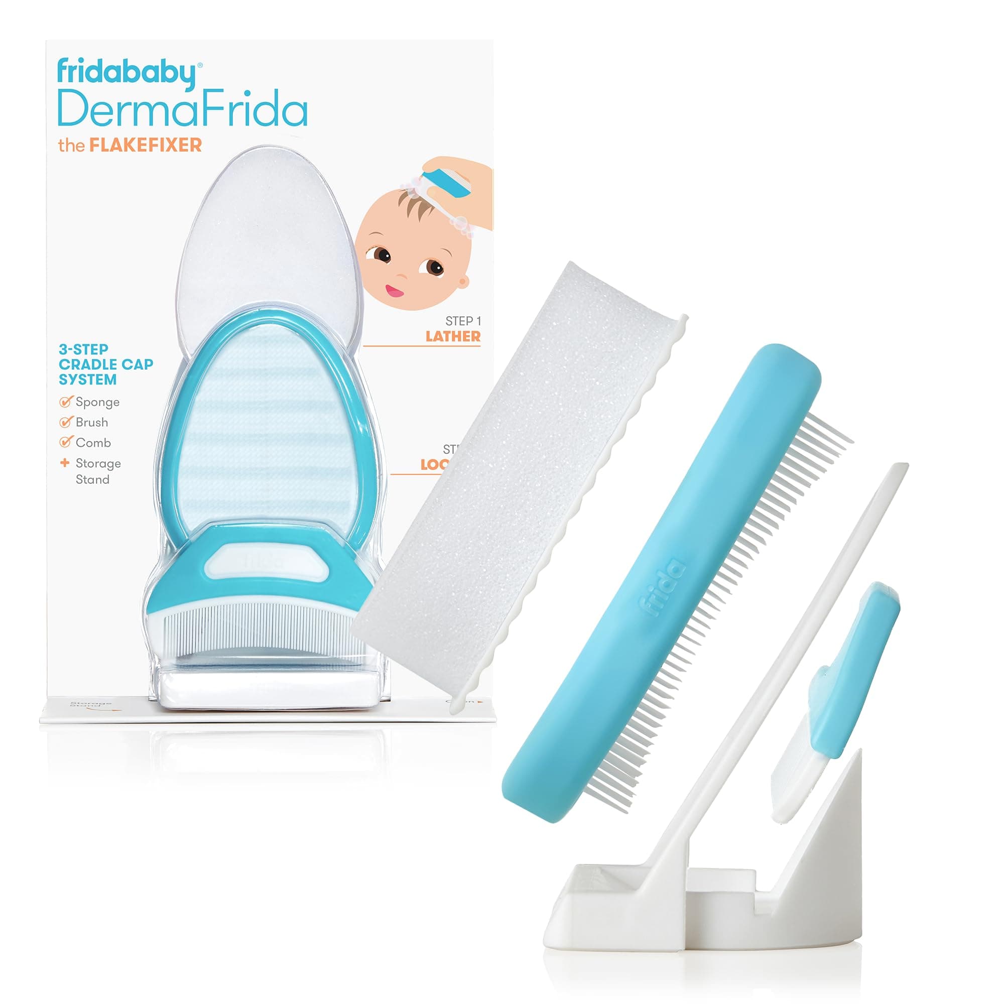 The 3-Step Cradle Cap System by Fridababy | DermaFrida The FlakeFixer | Sponge Brush, Comb and Storage Stand for Babies with Cradle Cap