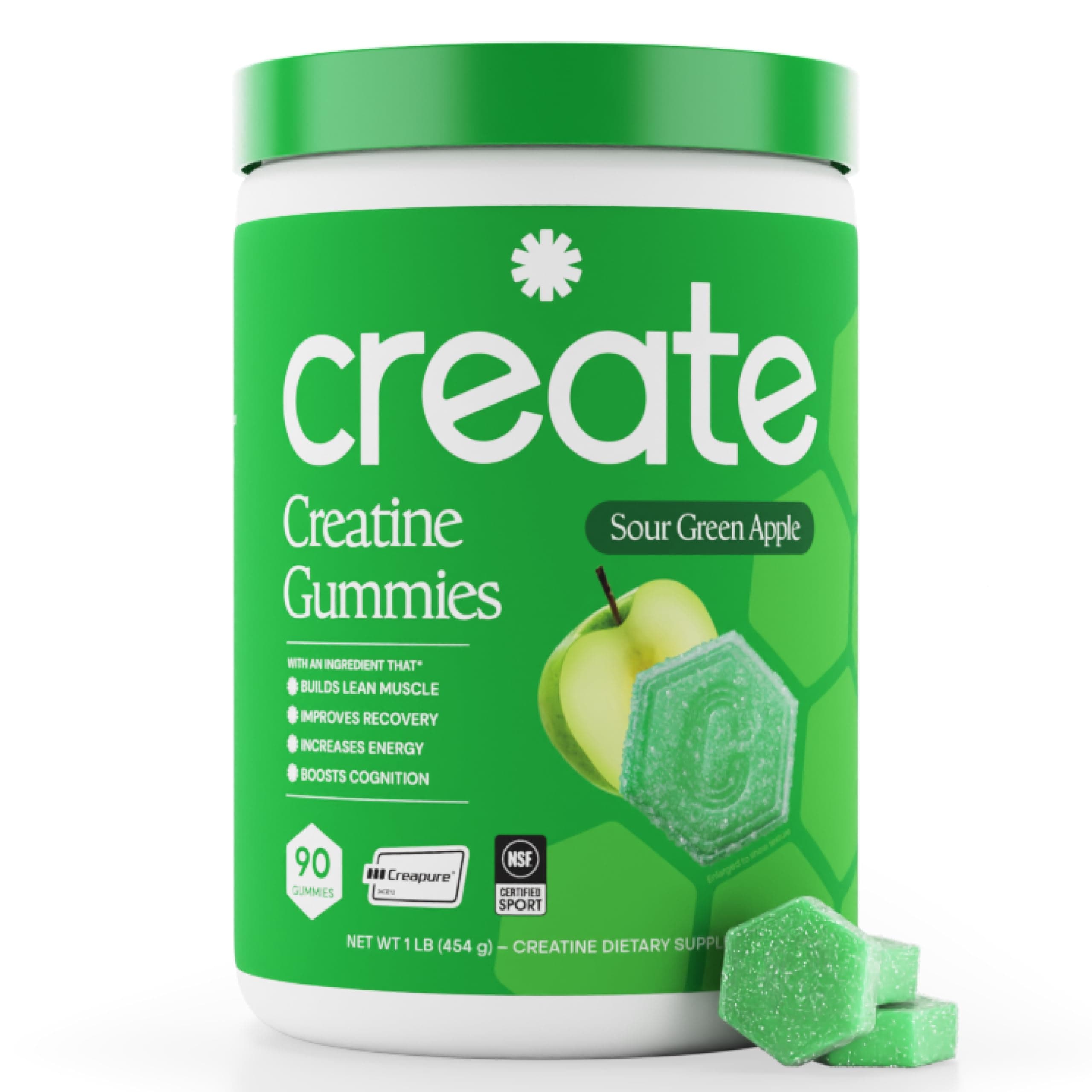 Create Creatine Monohydrate Gummies for Men & Women, Boost Focus, Strength, and Endurance, Anti-Melting Formula, Vegan, Gluten-Free, Non-GMO, 1.5g of Creatine per Gummy (Sour Green Apple)