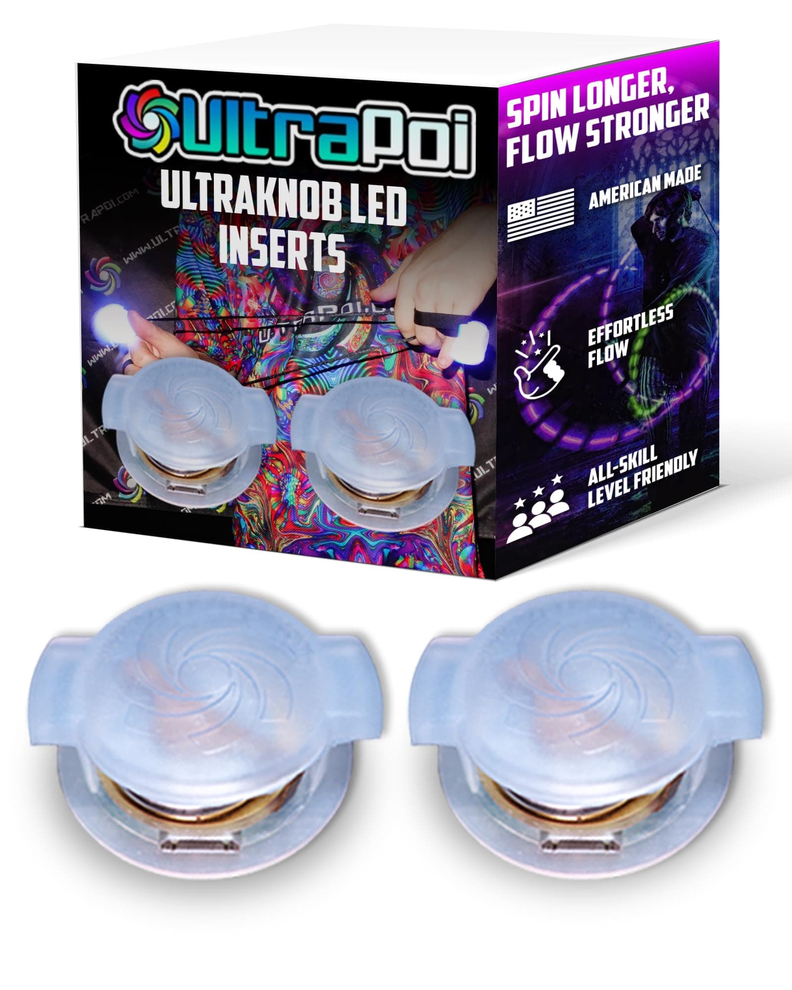 UltraPoi Ultraknob LED Inserts (Pair (2)) - Rechargeable Inserts for Upgrading UltraGrips - Over 30 Bright Rainbow Strobe Patterns for Raves, Concerts, LED Poi, Flow Arts, & Light Spinning