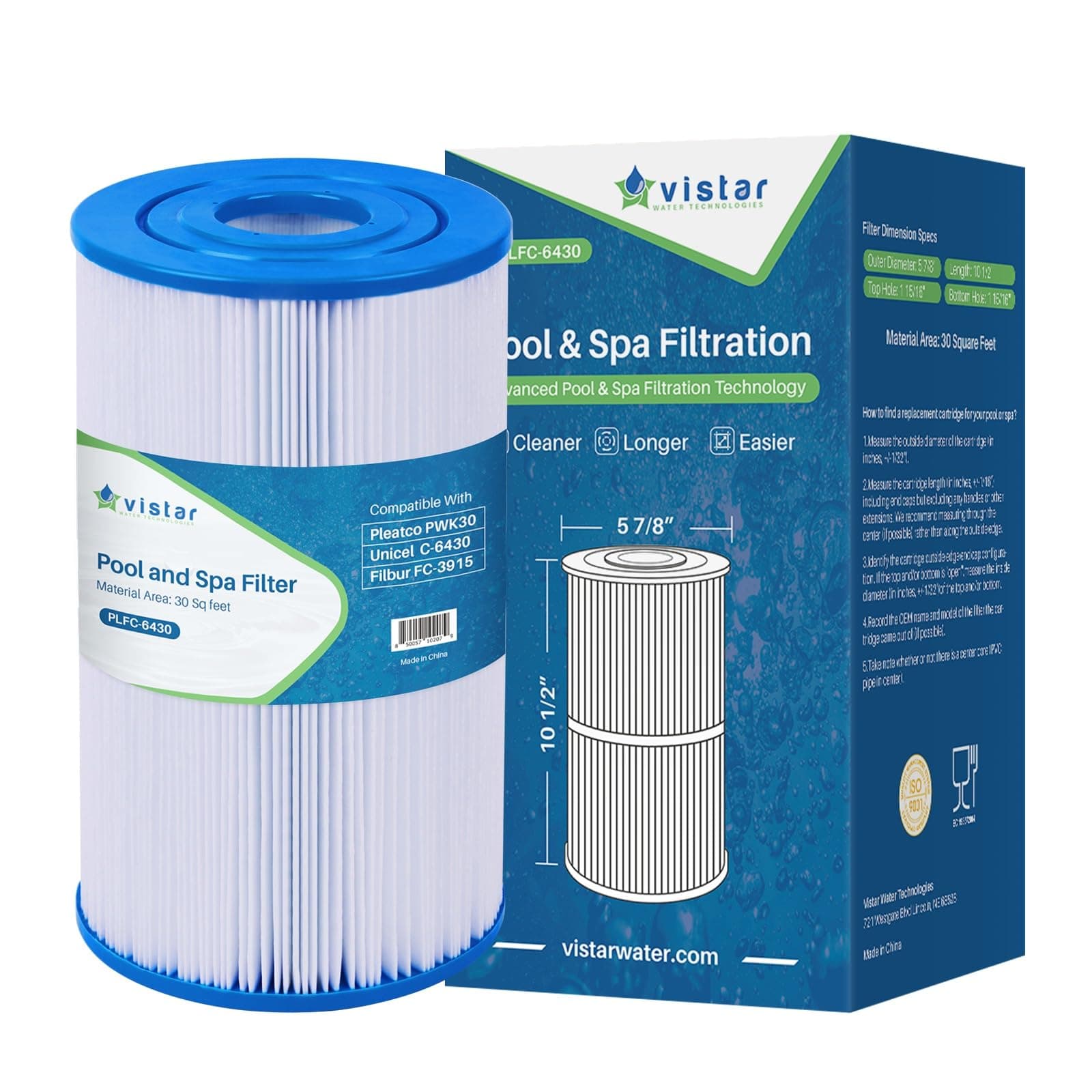 PLFC-6430 Spa Filter is A Replacement for, Pleatco PWK30, Filbur FC-3915, P/N0969601, 71825, 73178, 73250, and Watkins 31489, 30 sq ft Pleated Fabric Filter Media 1 Pack