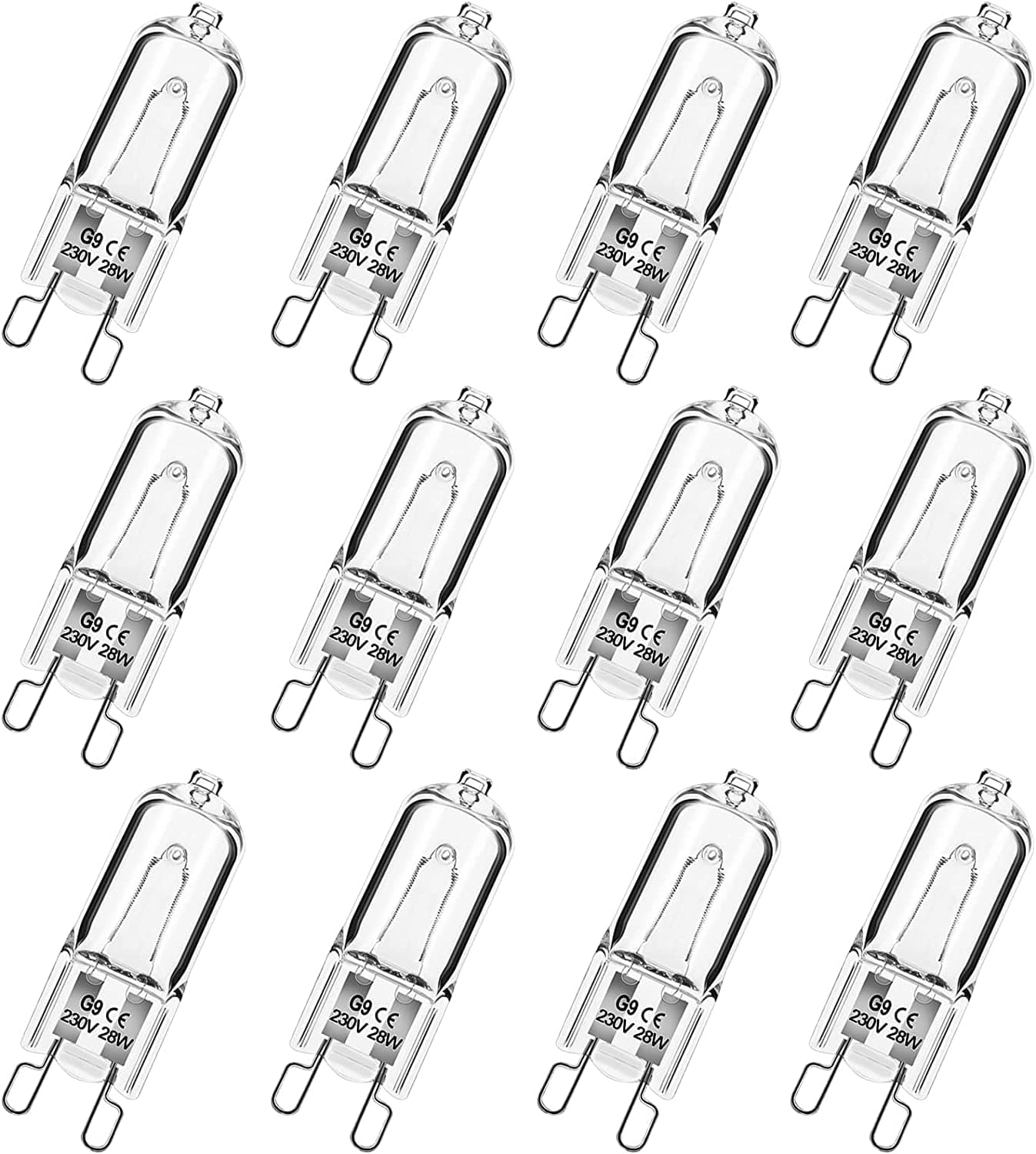 G9 Halogen Light Bulbs, 28W Dimmable Capsule, Warm White 230V 2700K, Non-Flicker - 12 Pack