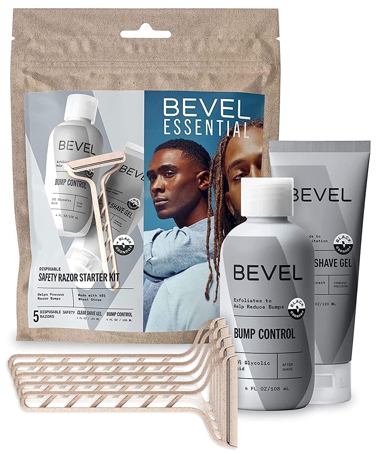 Bevel Disposable Safety Razor Shaving Starter Kit for Men, Includes 5 Stainless Steel Double Sided Safety Razors, Cooling Shave Gel, and Post Shave Bump Control Cream
