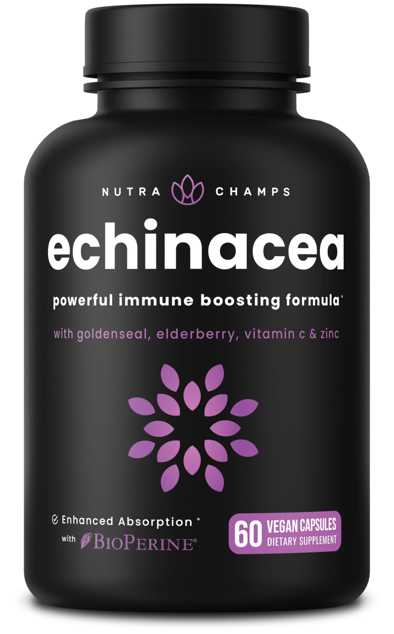 Echinacea Capsules 1000mg - 8-in-1 Immune Support Supplement - Echinacea Goldenseal, Vitamin C, Zinc, Ginger, Elderberry - 60 Capsules