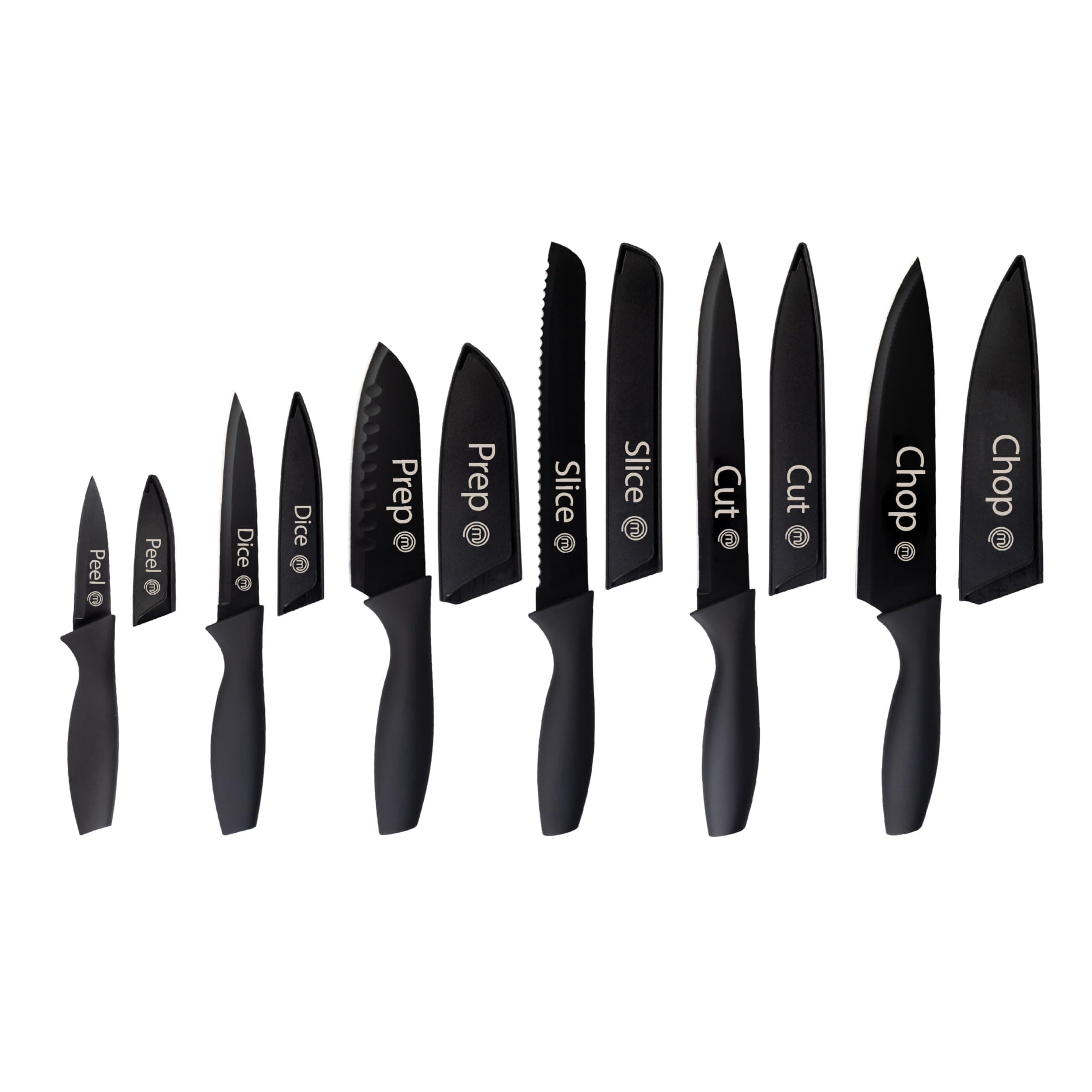 Kitchen Knife Set with Covers, 6 Professional Chef Knives for Home Kitchens, Extra Sharp Cutting Stainless Steel Blades & Protective Sheaths, Soft-Touch Easy-Grip Handles, Essential Black