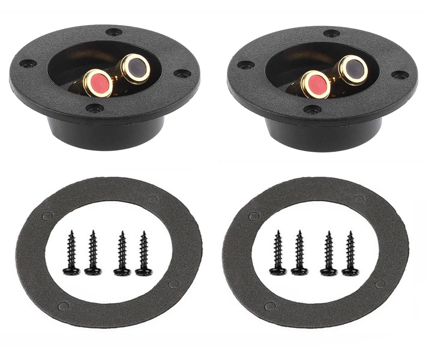 3-'' Double Binding Round Gold Plate Push Spring Loaded Jacks Connector Speaker Box Terminal Cup (Black - 2pcs), (B-S)