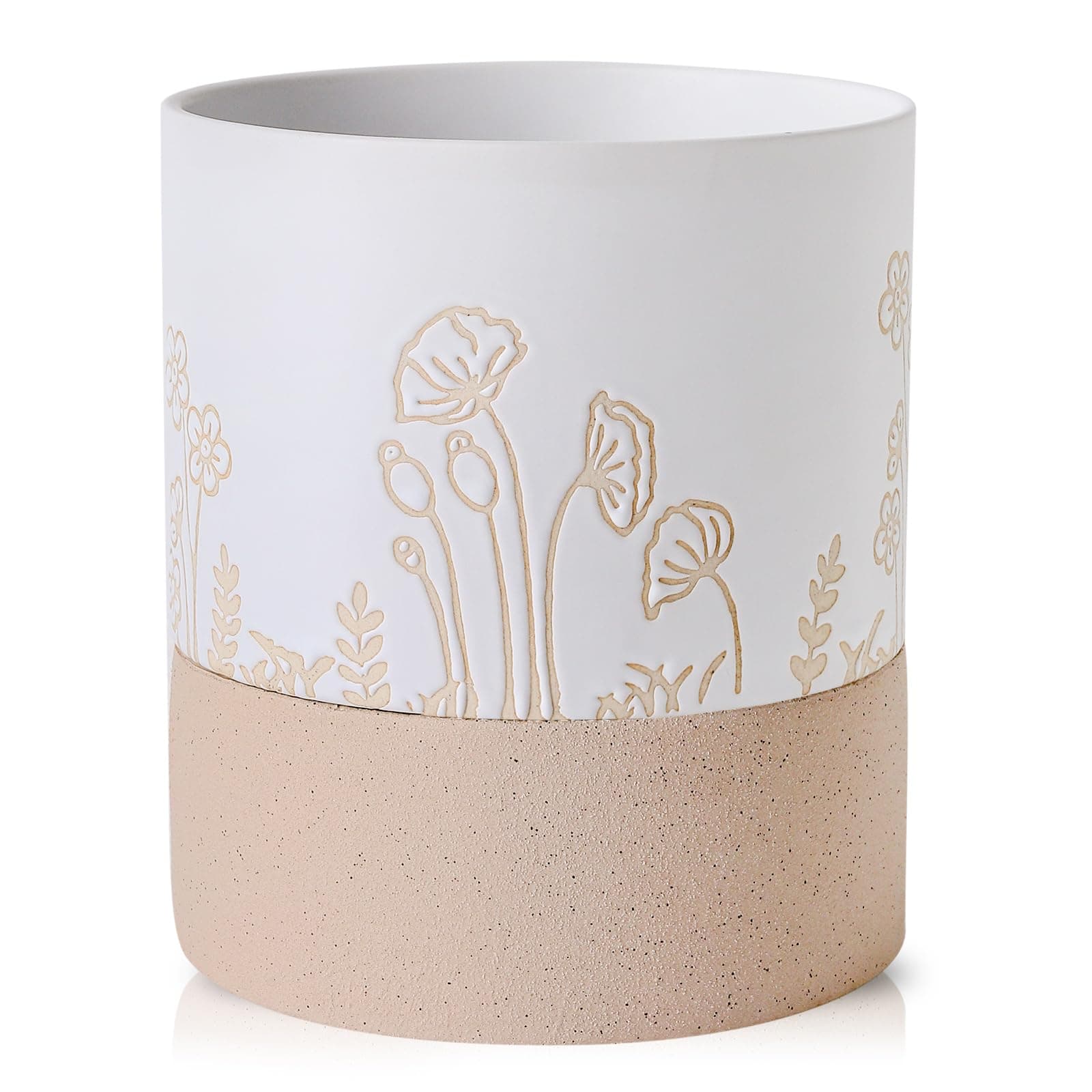 Nihow Self Watering Plant Pot: 6 Inch Ceramic Planter with Drainage Hole & Water Storage Plus for Indoor & Outdoor Plants - Cylinder Round Flower Pot for Succulent/Herbs/Violets -White & Nature