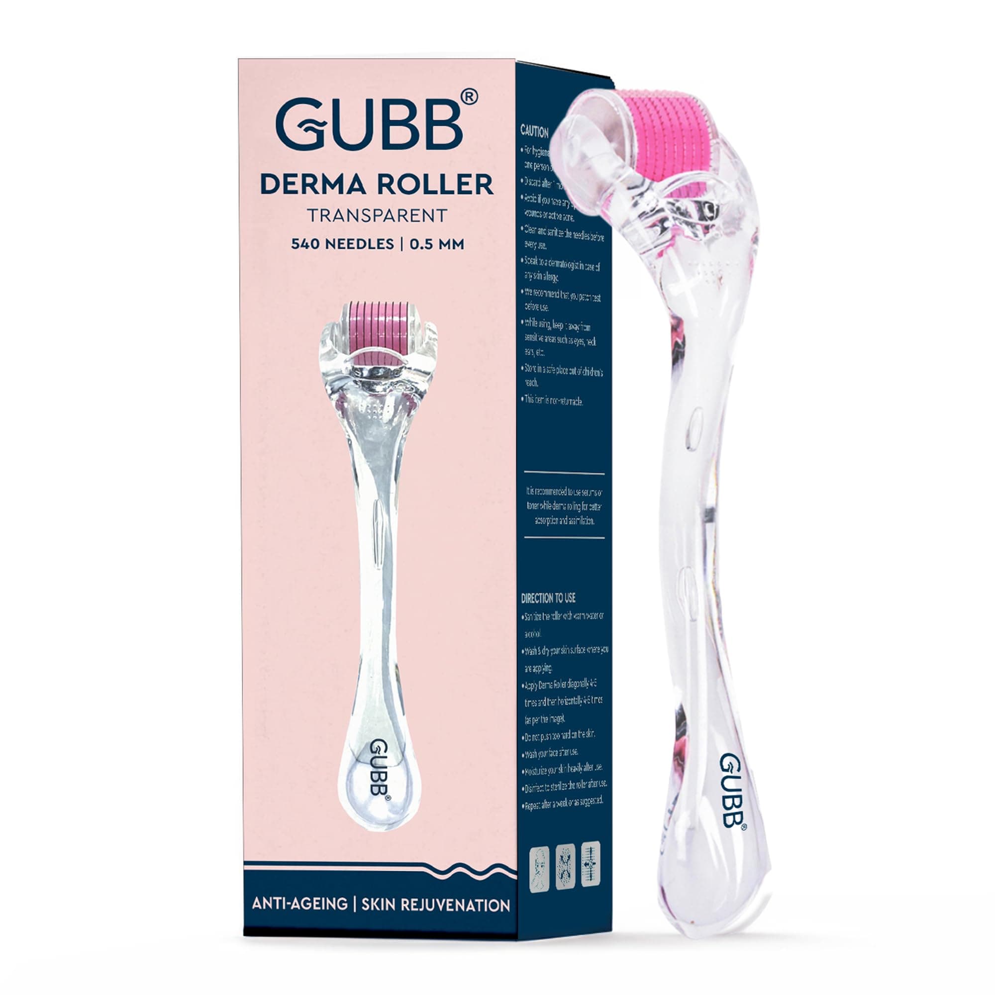 GUBB Derma Roller 0.5mm for Face - Microneedling Tool for Acne Scars,Wrinkles,Beard Growth Stimulator,Skin Rejuvenation,Stretch Marks,Glowing Skin and Hair Regrowth - Transparent Pink