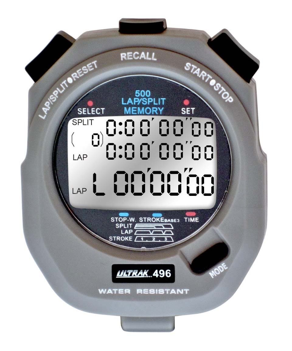 Ultrak 496 500-Lap Stopwatch, Dual-Split Memory Sports Timer with LCD Display, Water-Resistant, Stroke Rate & Countdown, Long-Life Battery