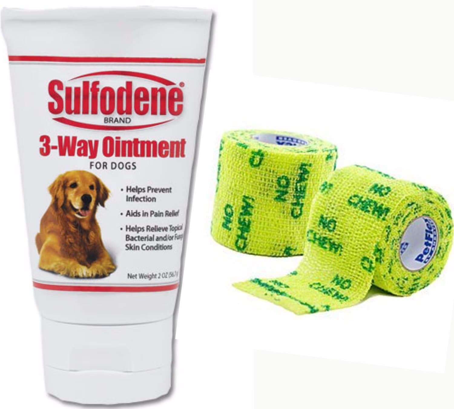 Sulfodene 3-Way Ointment For Dogs- Plus 2 Packs PetFlex 2" No Chew- Best Topical Ointment To Prevent Infections & Relieve Pain From Cuts, Hot Spots & Bacteria- Bitter Tasting Bandage Prevents Chewing