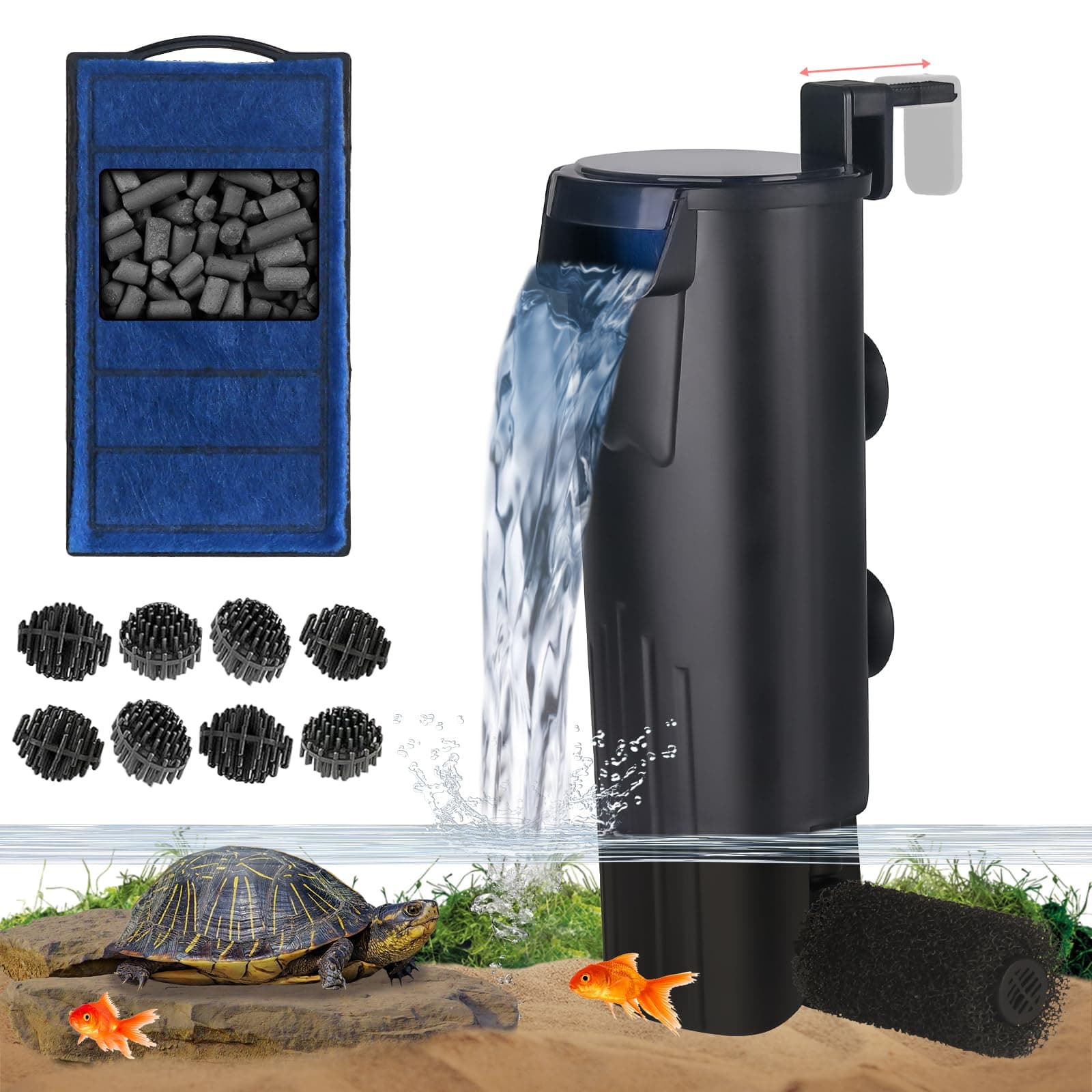 Turtle Tank Filter Aquarium Internal Filter for 3 to 20 Gallon Fish Tank, Bio-filtration Low Water Level Small Power Canister Filter, Frog Shrimp Newt Betta Water Clean, Hang On Back Waterfall Quiet