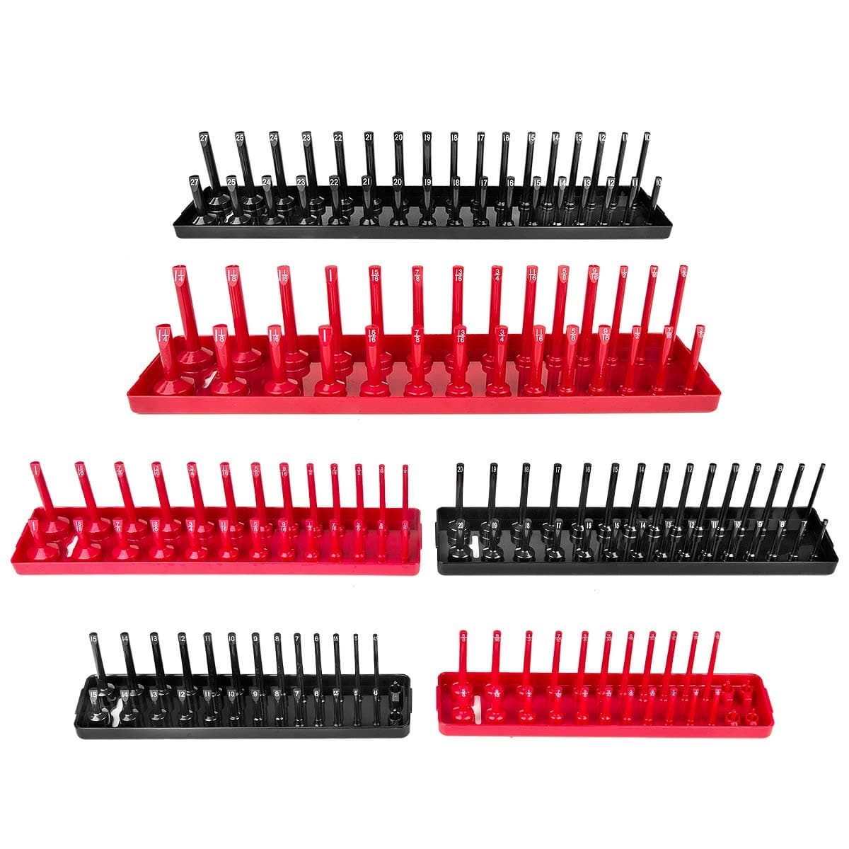 AIUITIO 6PCS Socket Organizer Tray Set, Red SAE & Black Metric Socket Storage Trays, 1/4-Inch, 3/8-Inch & 1/2-Inch Drive Deep and Shallow Socket Holders for Toolboxes