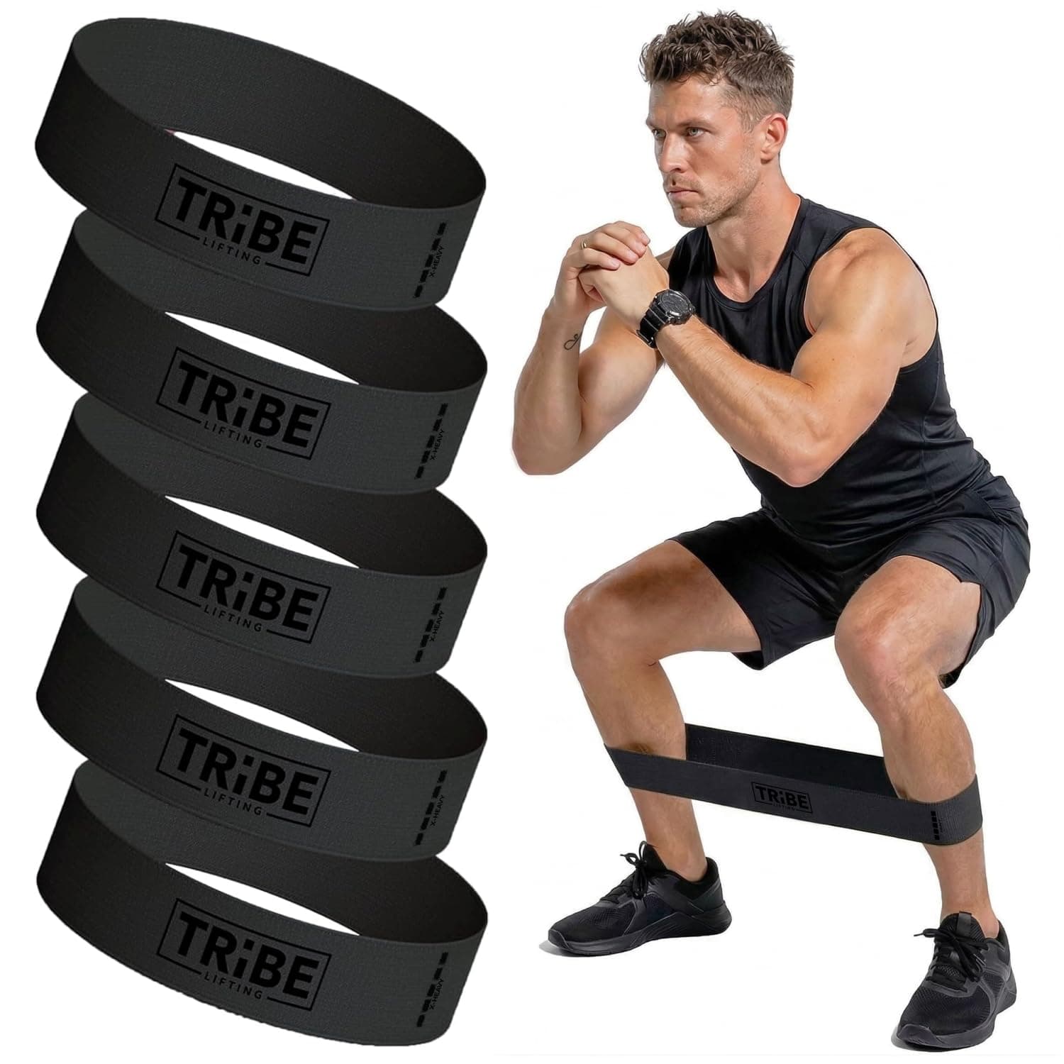 Tribe Lifting Fabric Resistance Bands for Working Out - 5 Exercise Bands Set for Legs and Glutes - Booty Bands for Women and Men - Thick Cloth Workout Bands for Physical Therapy, Hip Training