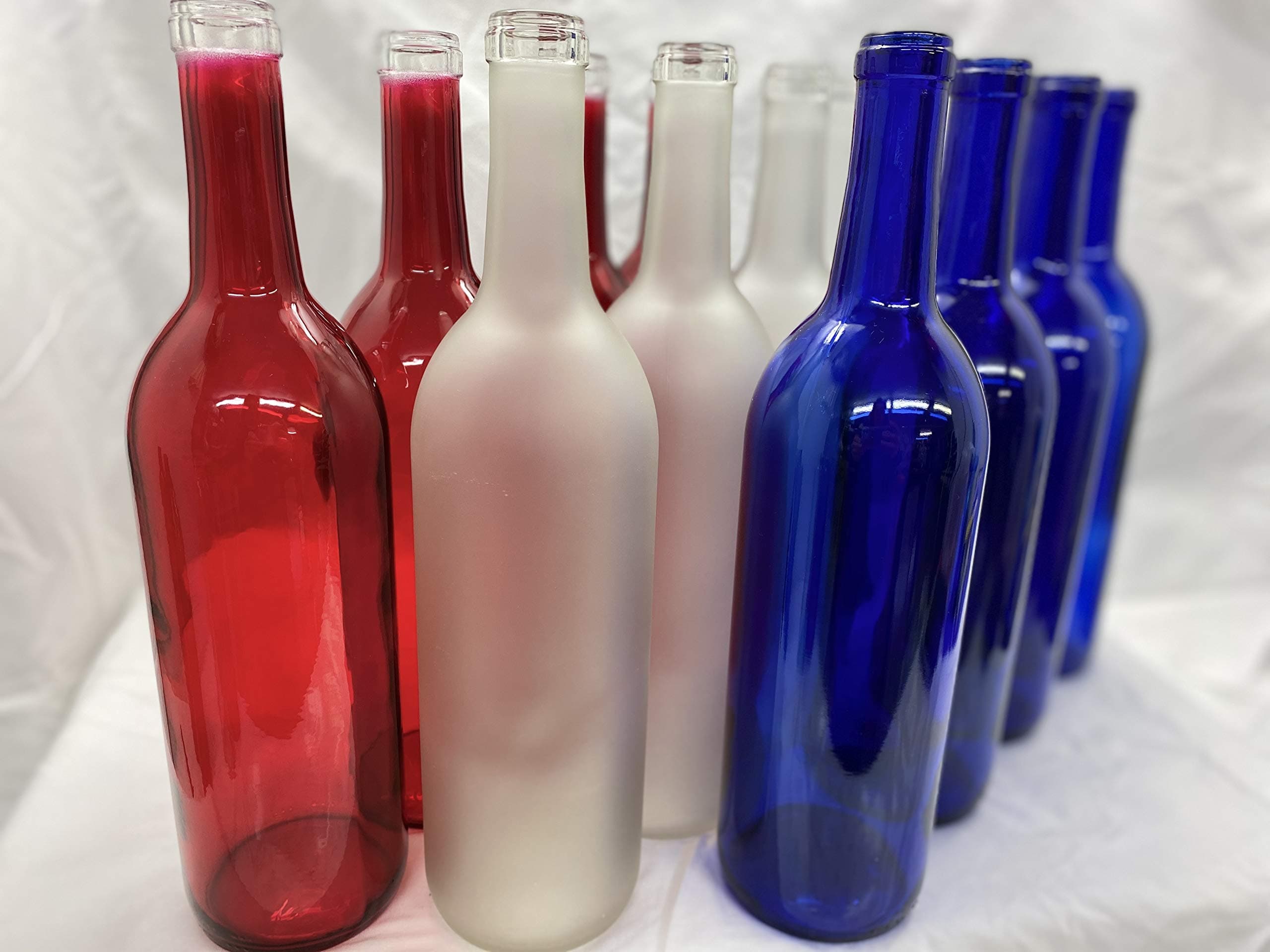 12 Assorted Glass Bottles 750ml 4 Red 4 White 4 Blue for Bottle Trees, Crafting, Parties,Wedding Center Piece, Decor, Home Brew, Beer, Wine