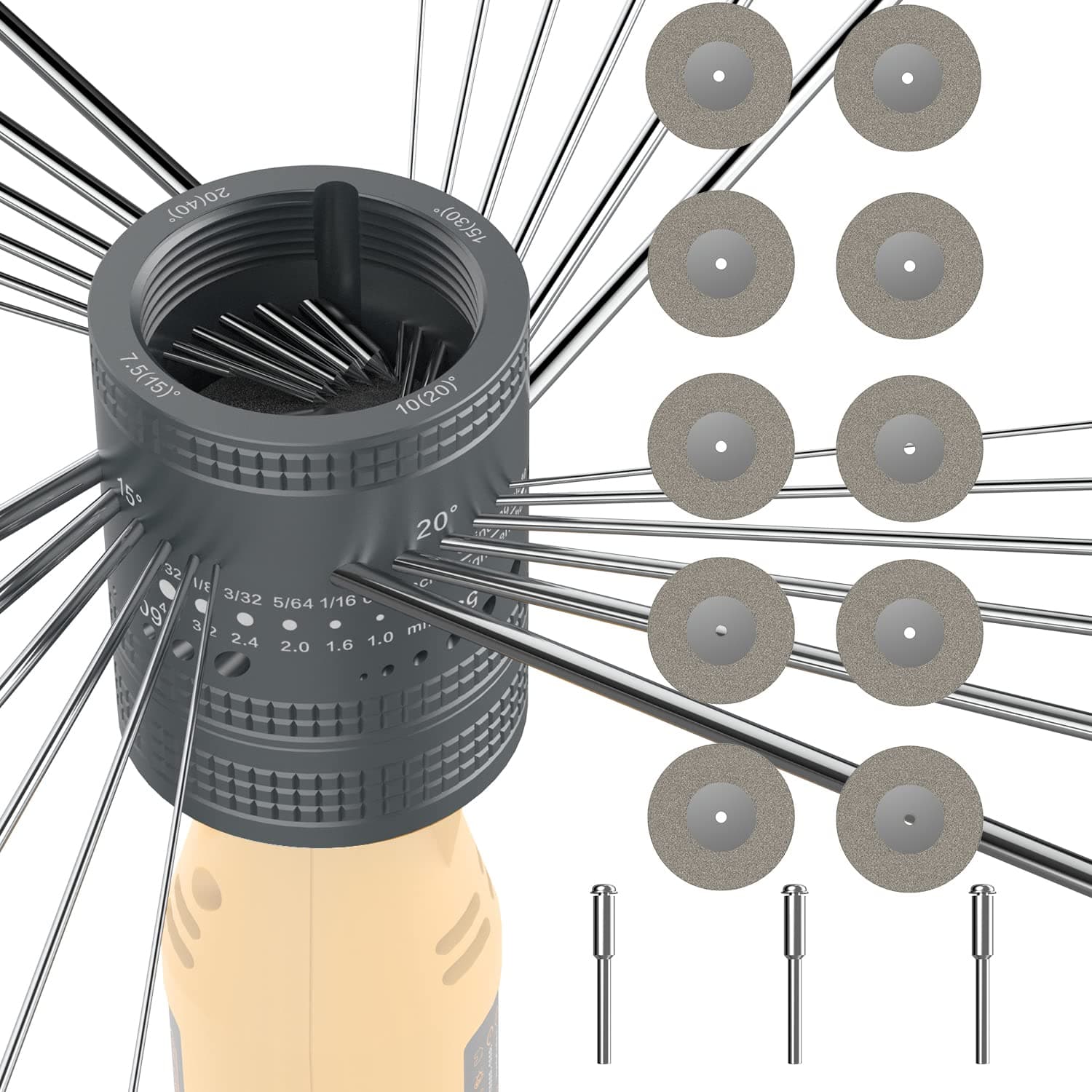 Tungsten Electrode Sharpener Grinder Head,TIG Welding Tool with Cut-Off Slot with 6 size 8Angles, 48 Holes, 10 Double Diamond Wheels, 3 CNC Mandrel Suitable For Most Rotary tool